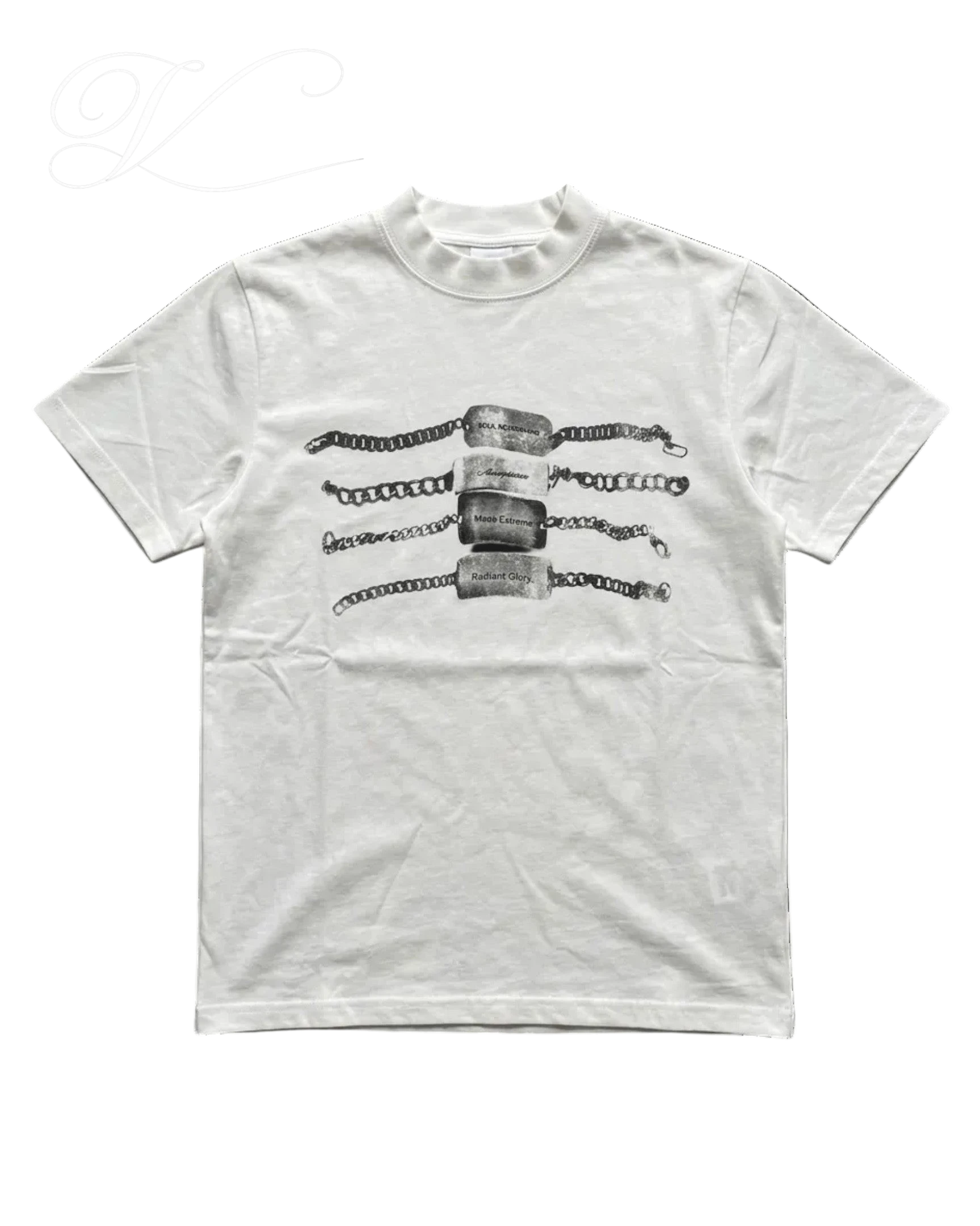 Vicious Chain Link Tee in white cotton with a black digital graphic print of chains and tags on the chest.