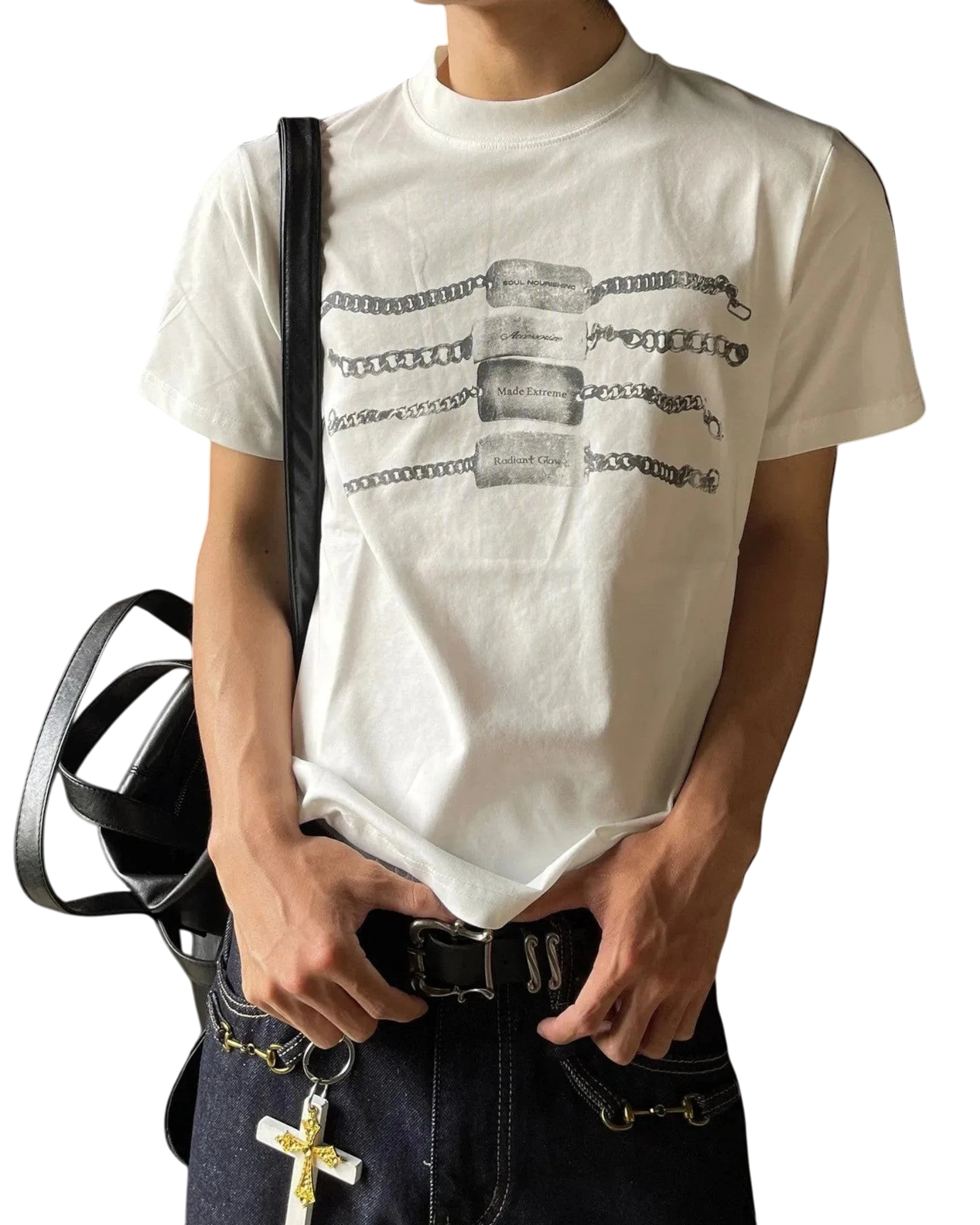 Vicious Chain Link Tee in white cotton with a digital graphic print of chains on the chest, worn by a model.