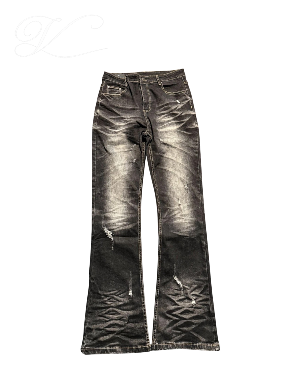Vicious Cracked Jeans in black stretch denim with distressed details, straight fit, and flared leg design.