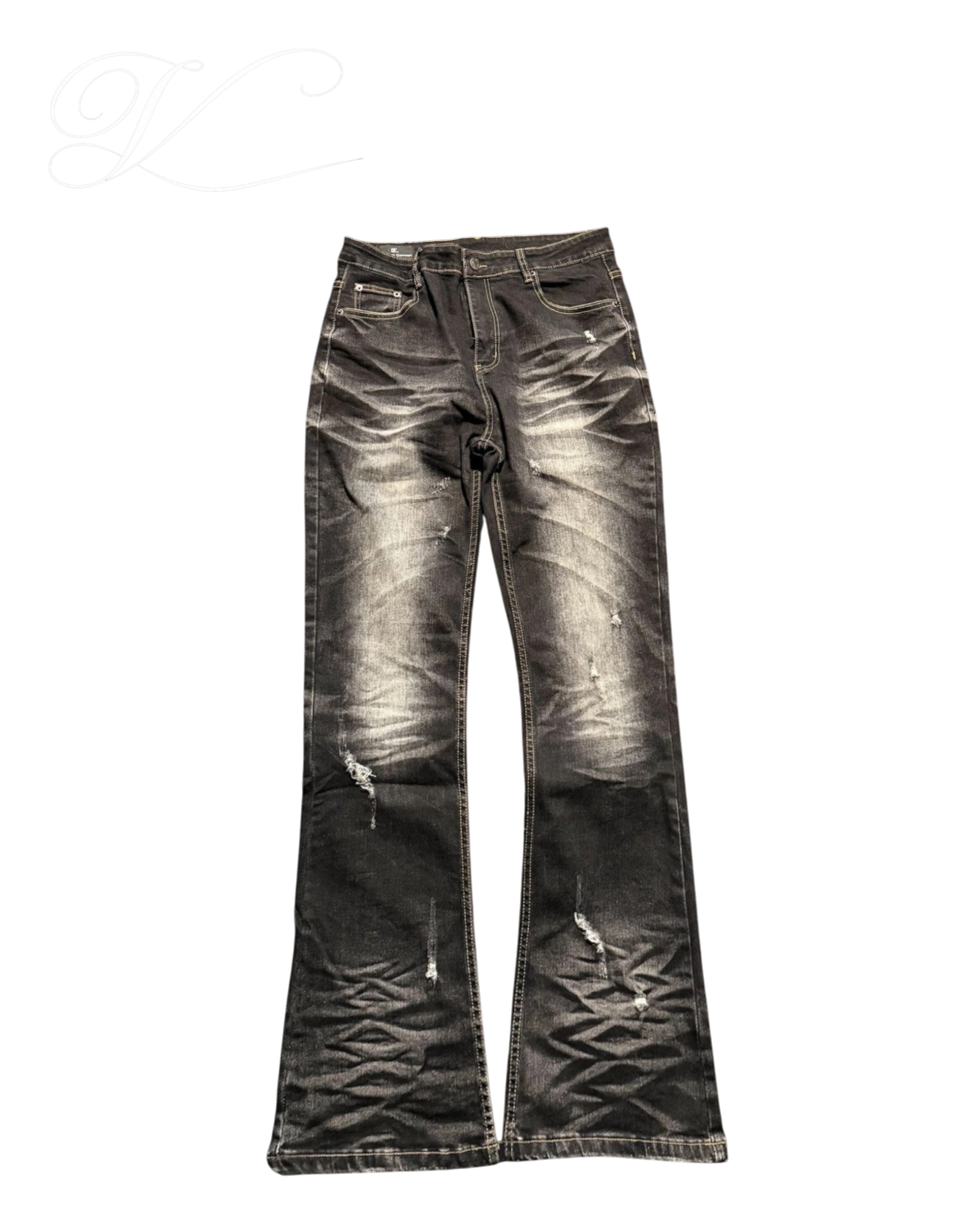 Vicious Cracked Jeans in black stretch denim with distressed details, straight fit, and flared leg design.