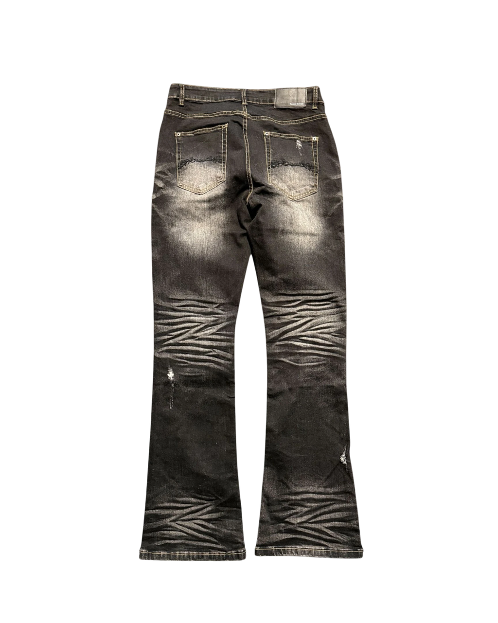 Vicious Cracked Jeans in black stretch denim with a straight flare fit, distressed details, and whiskered texture.