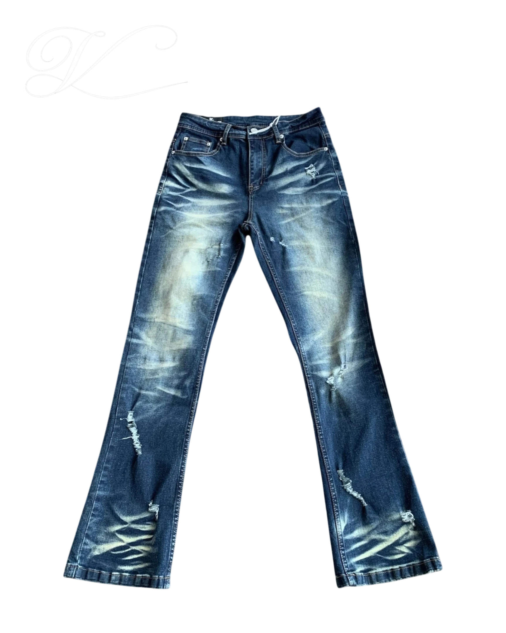 Vicious Cracked Jeans in blue stretch denim with a straight flare fit, distressed details, and faded whiskering.