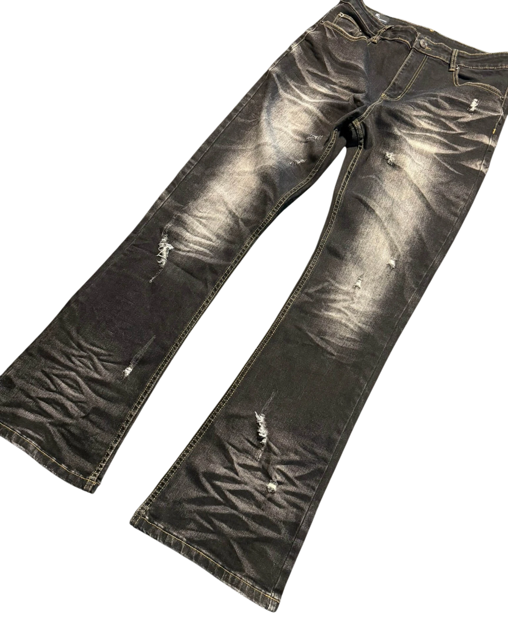 Vicious Cracked Jeans in black stretch denim with a straight flare fit, distressed details, and whiskered effects.
