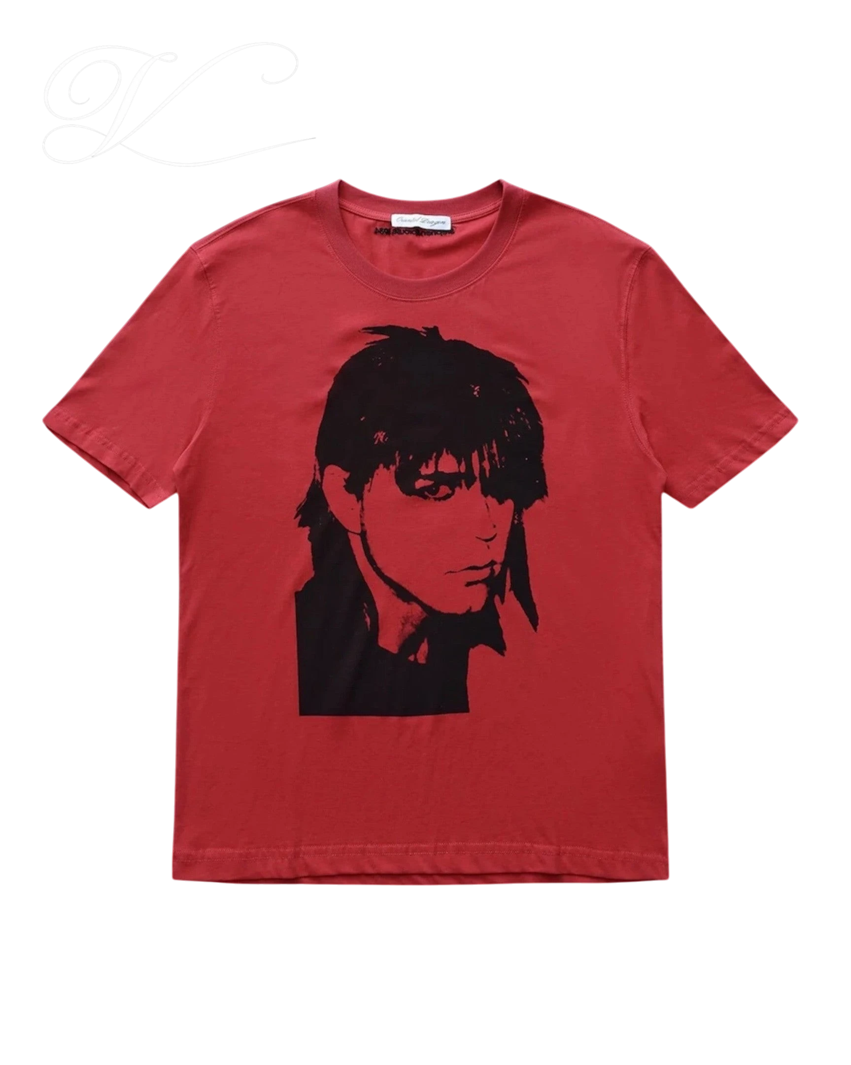 Vicious Crimson Portrait Tee in red cotton with a large black graphic portrait print, short sleeves, and crew neck.