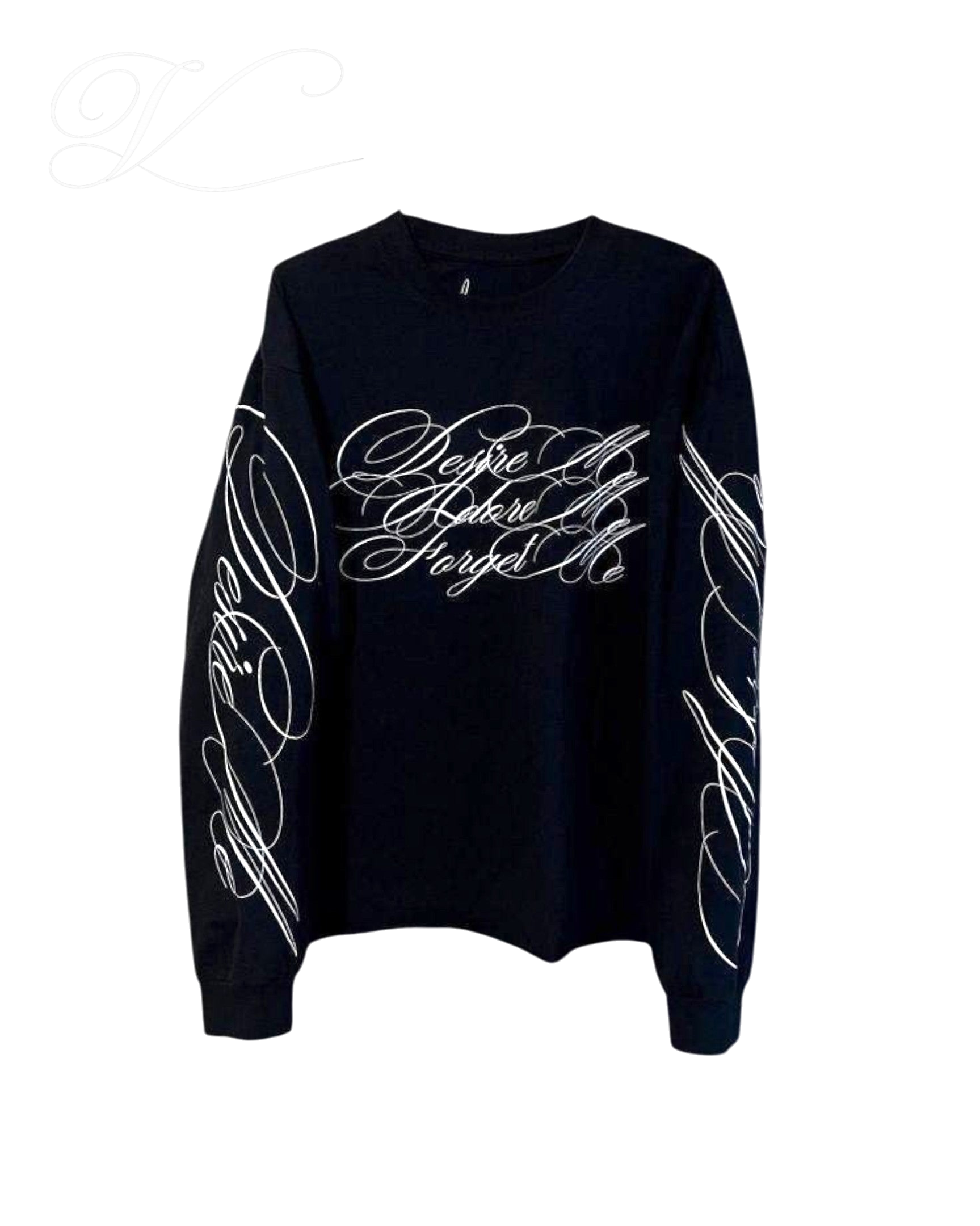 Vicious Desire Me heavyweight black long sleeve shirt with white cursive typography on the chest and sleeves.