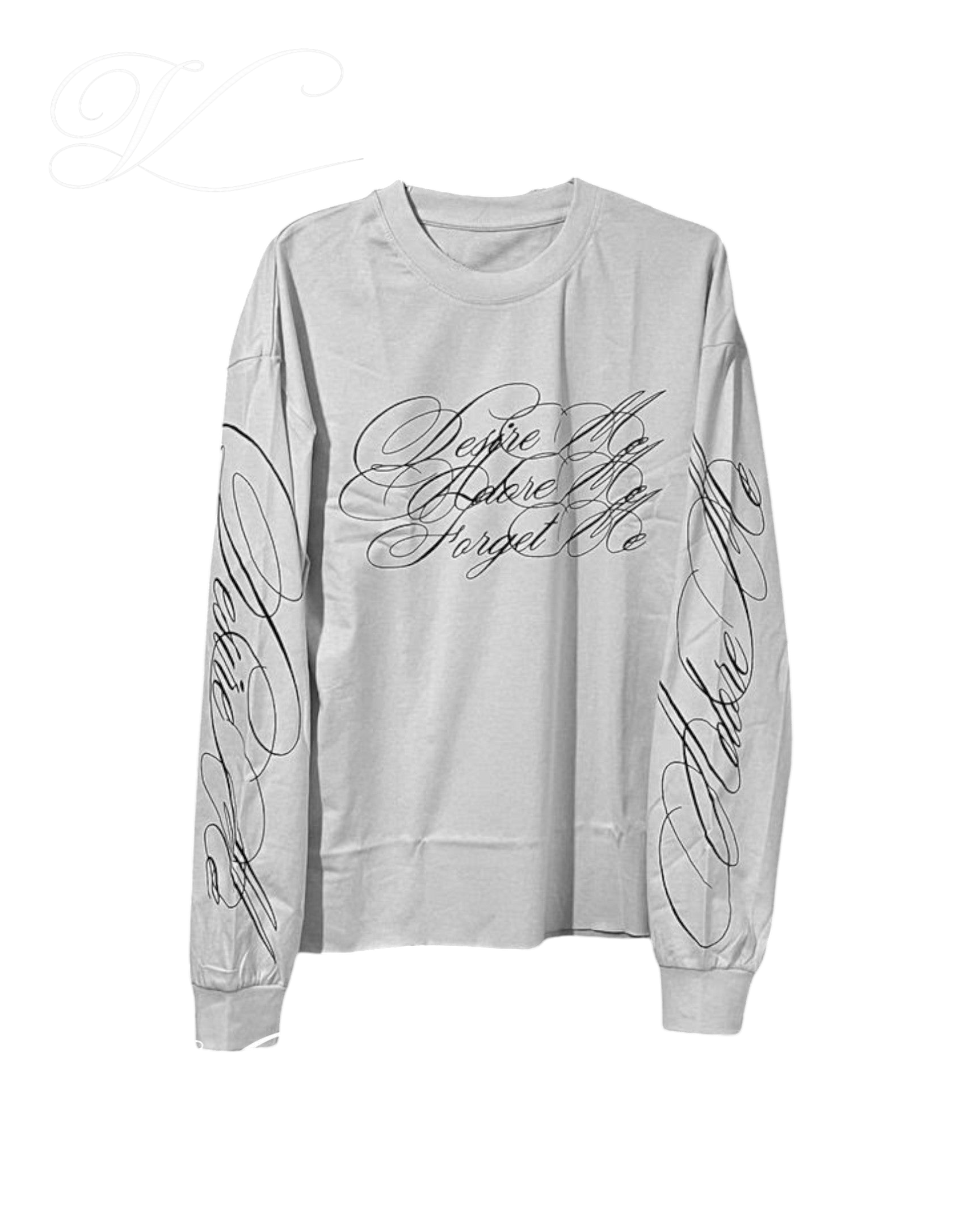 Vicious Desire Me longsleeve in light grey with black cursive script print on the chest and sleeves.