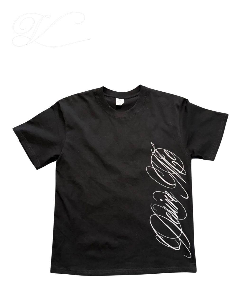 Vicious Desire Me Tee in black heavy cotton with a white cursive script print on the side and a crew neckline.