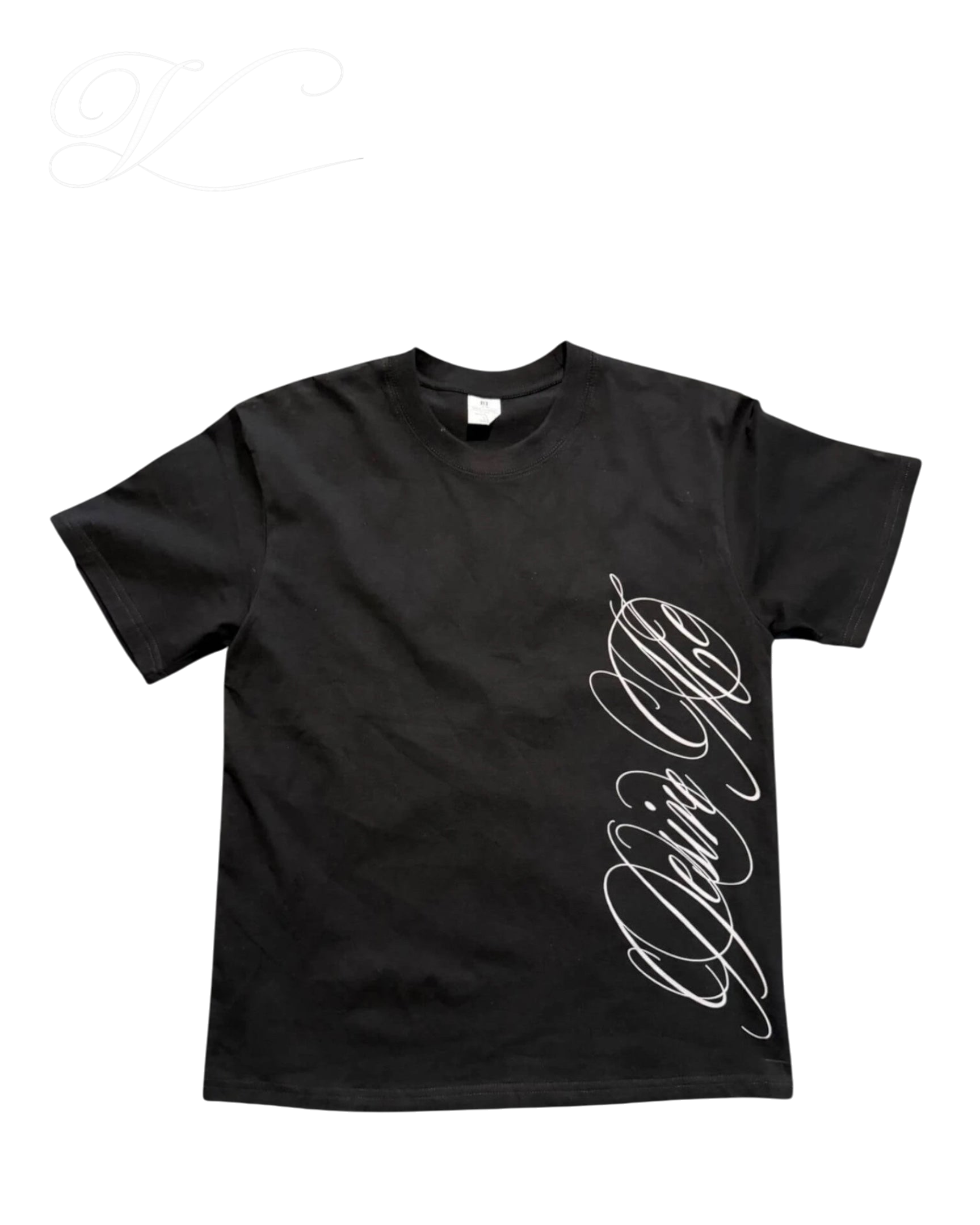 Vicious Desire Me Tee in black heavy cotton with a white cursive script print on the side and a crew neckline.