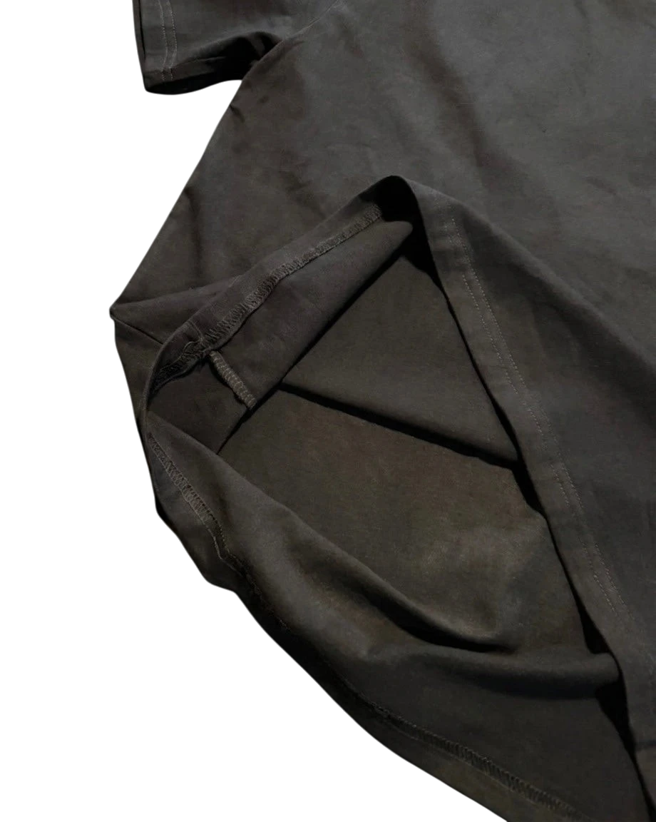 Vicious Desire Me Tee in heavy black cotton with detailed view of the hem stitching and fabric texture.
