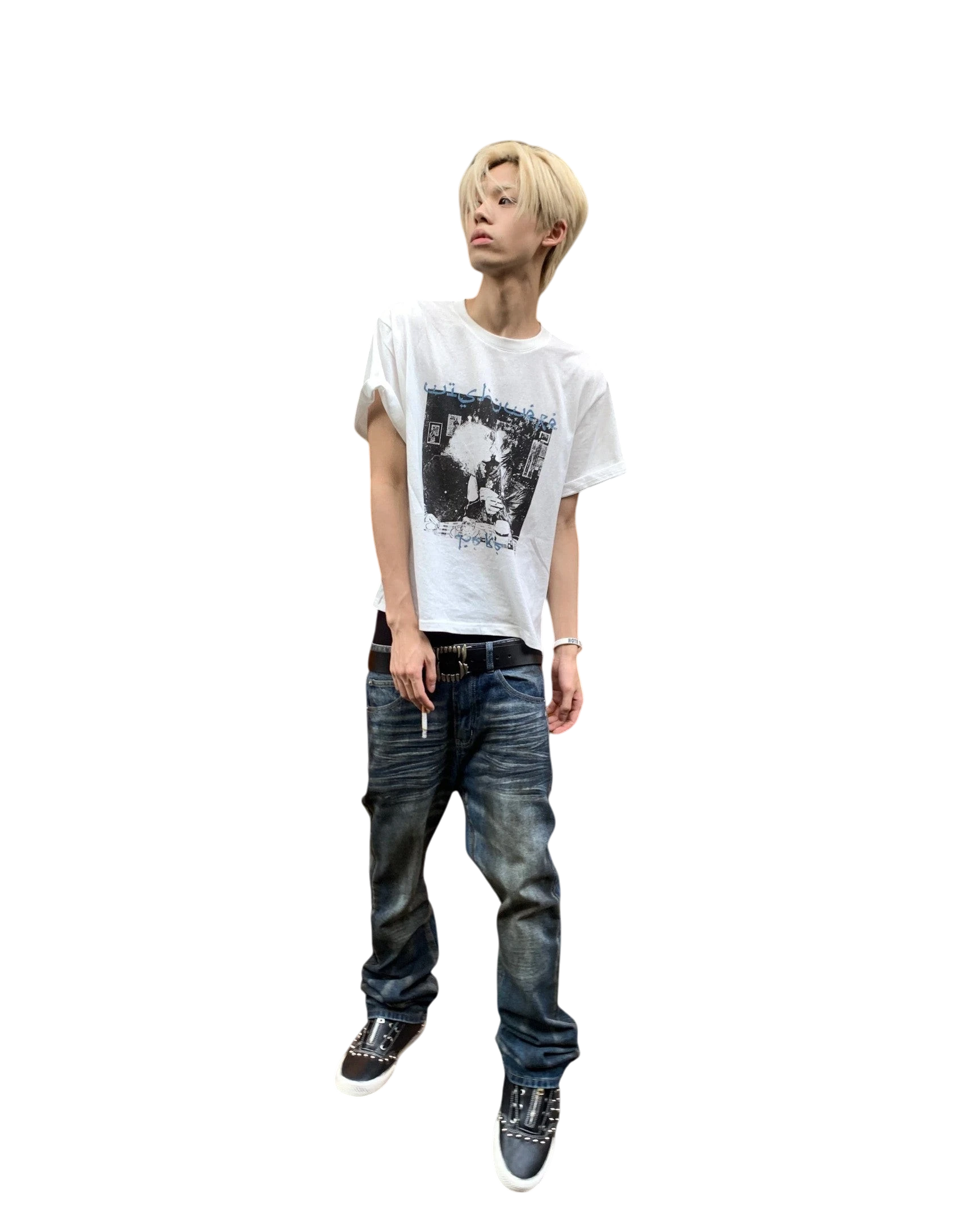Vicious Dirty Wash Micro Flare Denim jeans with a faded sunwash effect, worn by a model in a casual outfit.