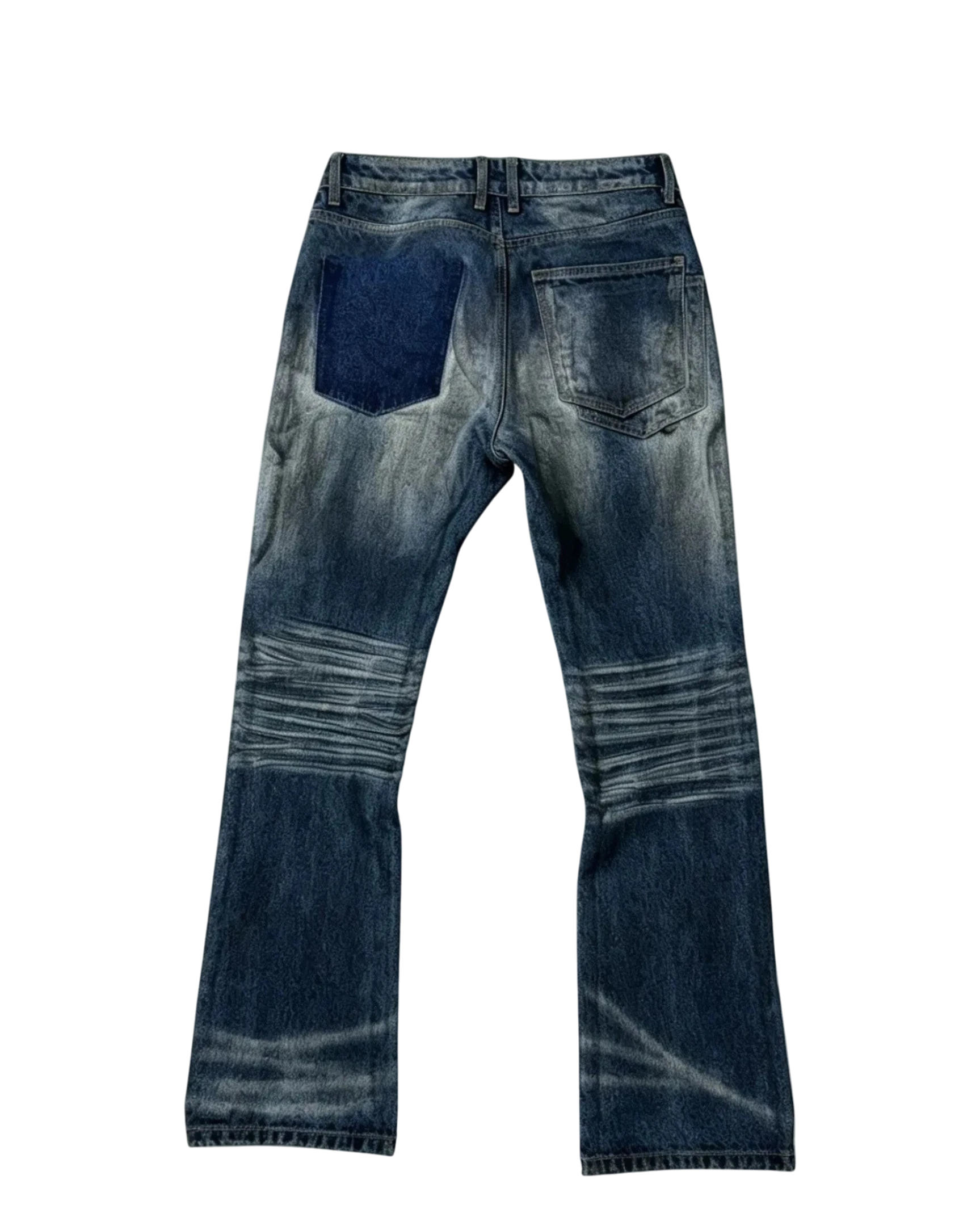 Vicious Dirty Wash Micro Flare denim jeans with a faded sunwash effect, five-pocket design, and ribbed knee detail.