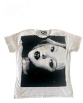 Vicious Distorted Portrait Tee in white with a black and white halftone graphic print of a face on the front