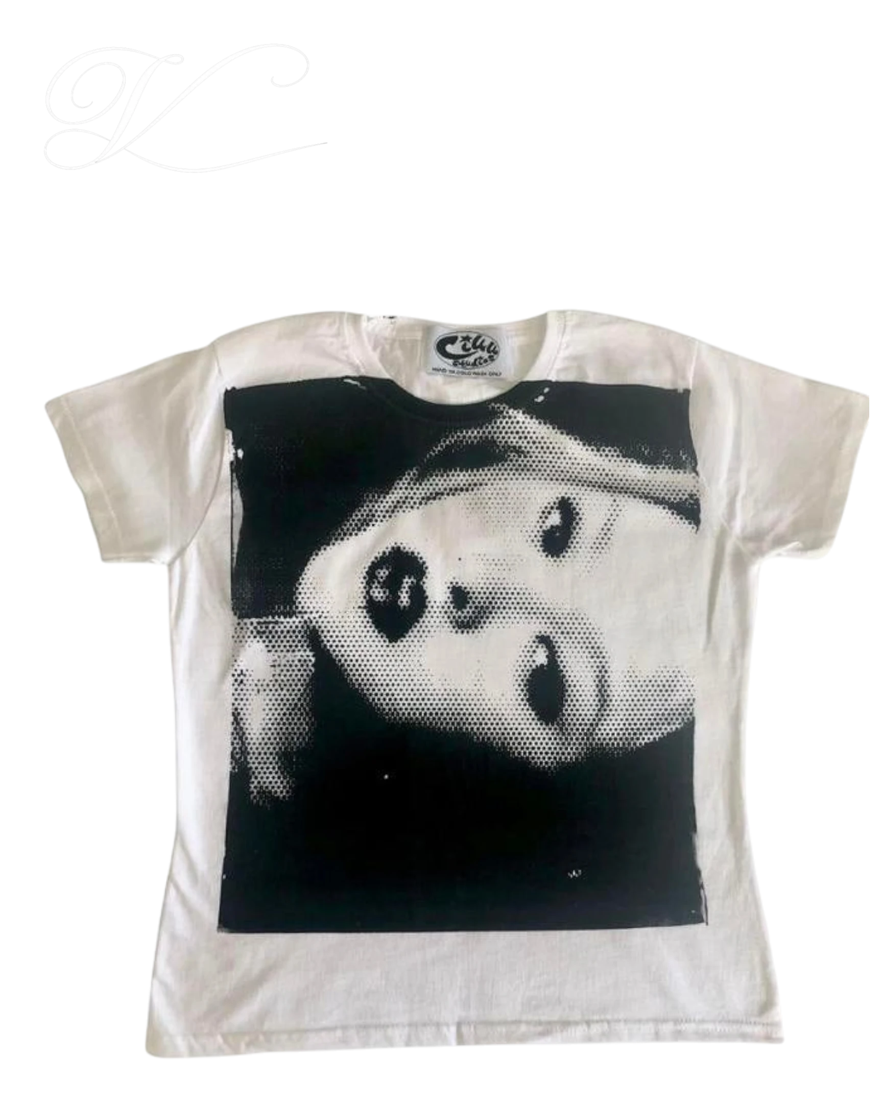Vicious Distorted Portrait Tee in white with a black and white halftone graphic print of a face on the front