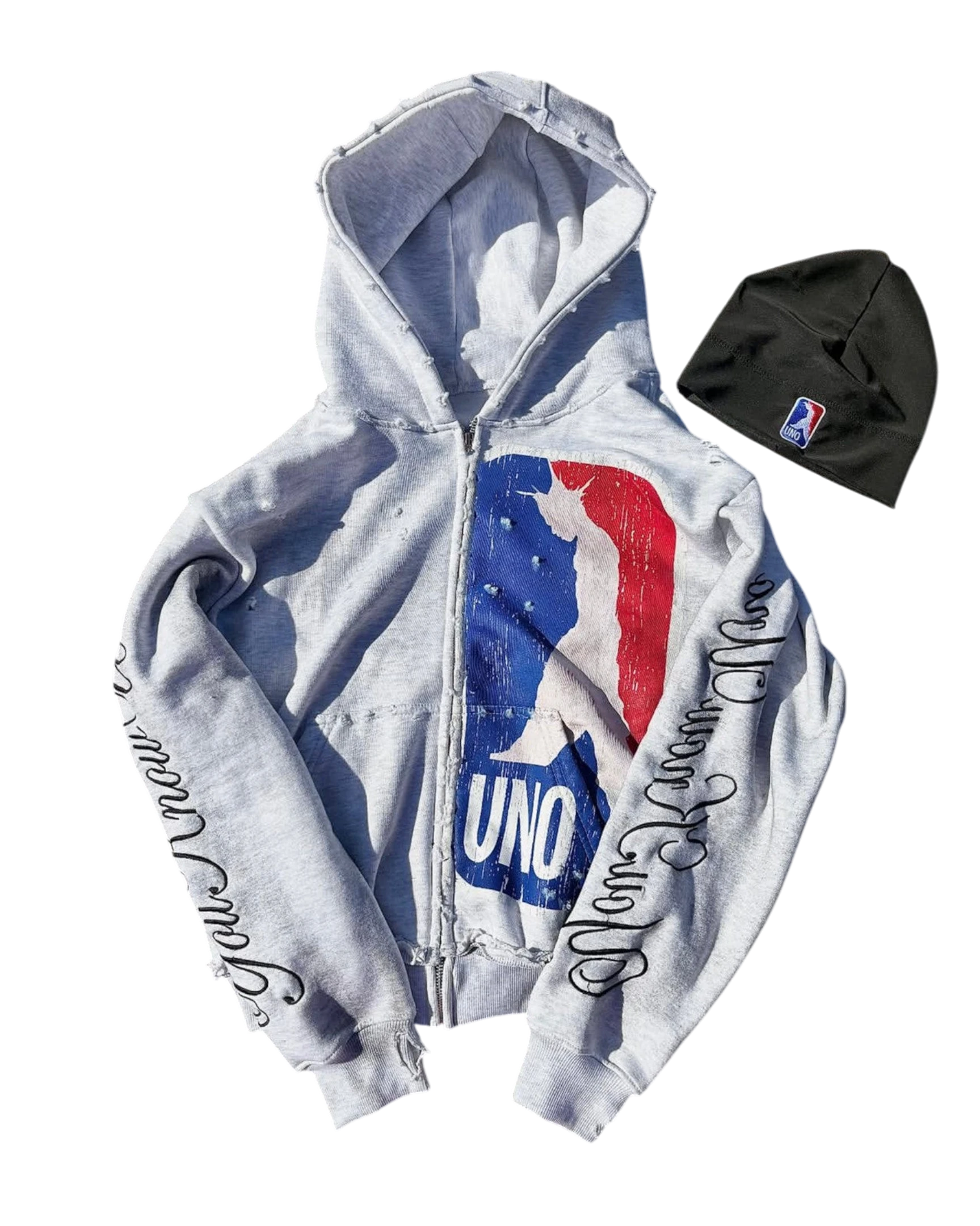 Vicious grey distressed zip-up hoodie with vintage NBA-inspired graphic and black beanie with matching logo patch