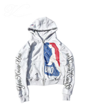 Vicious grey distressed zip-up hoodie with vintage NBA-inspired graphic, embroidered text on sleeves, and frayed details