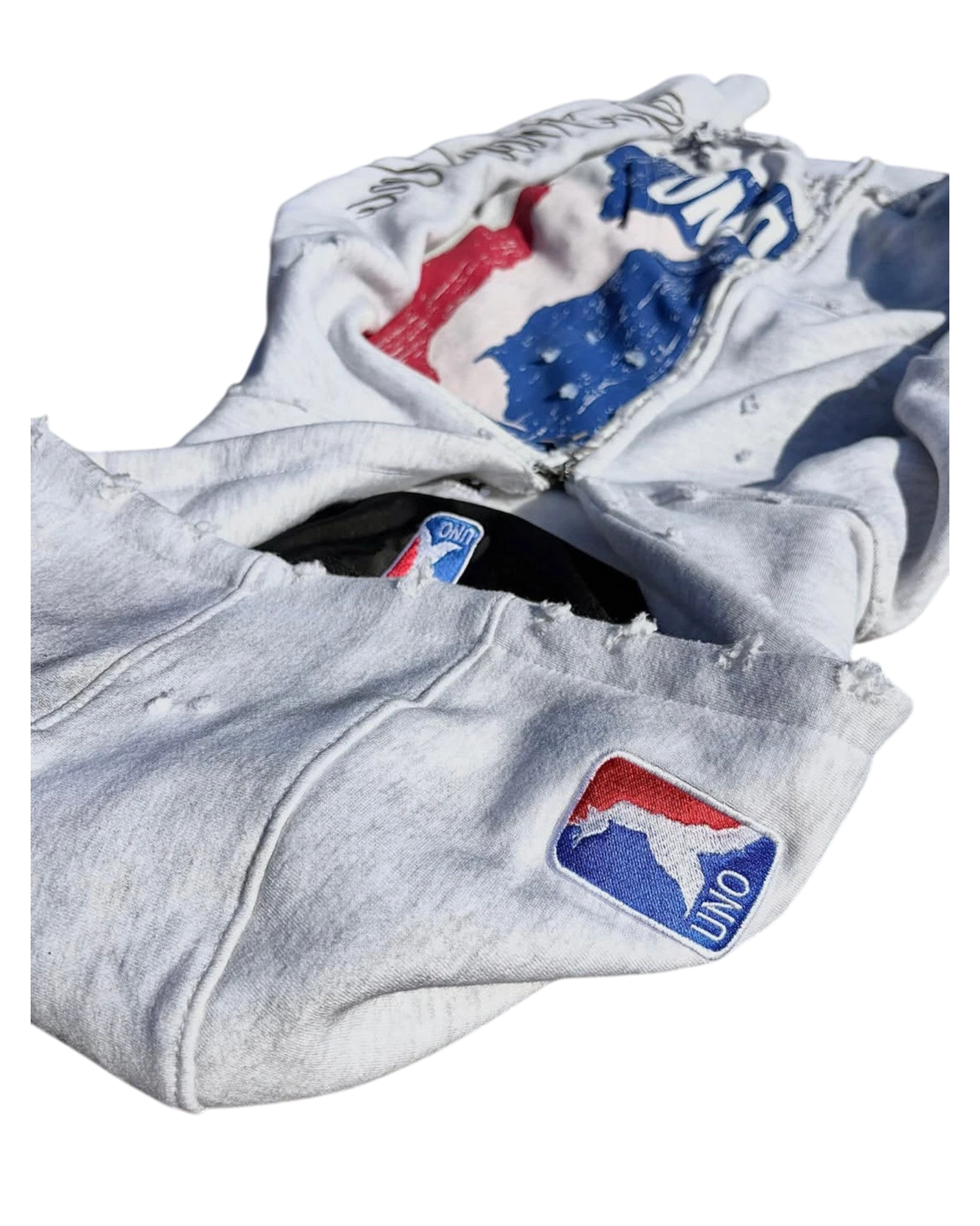 Vicious distressed grey washed zip-up sweatshirt with vintage NBA-inspired embroidered patches and frayed edges