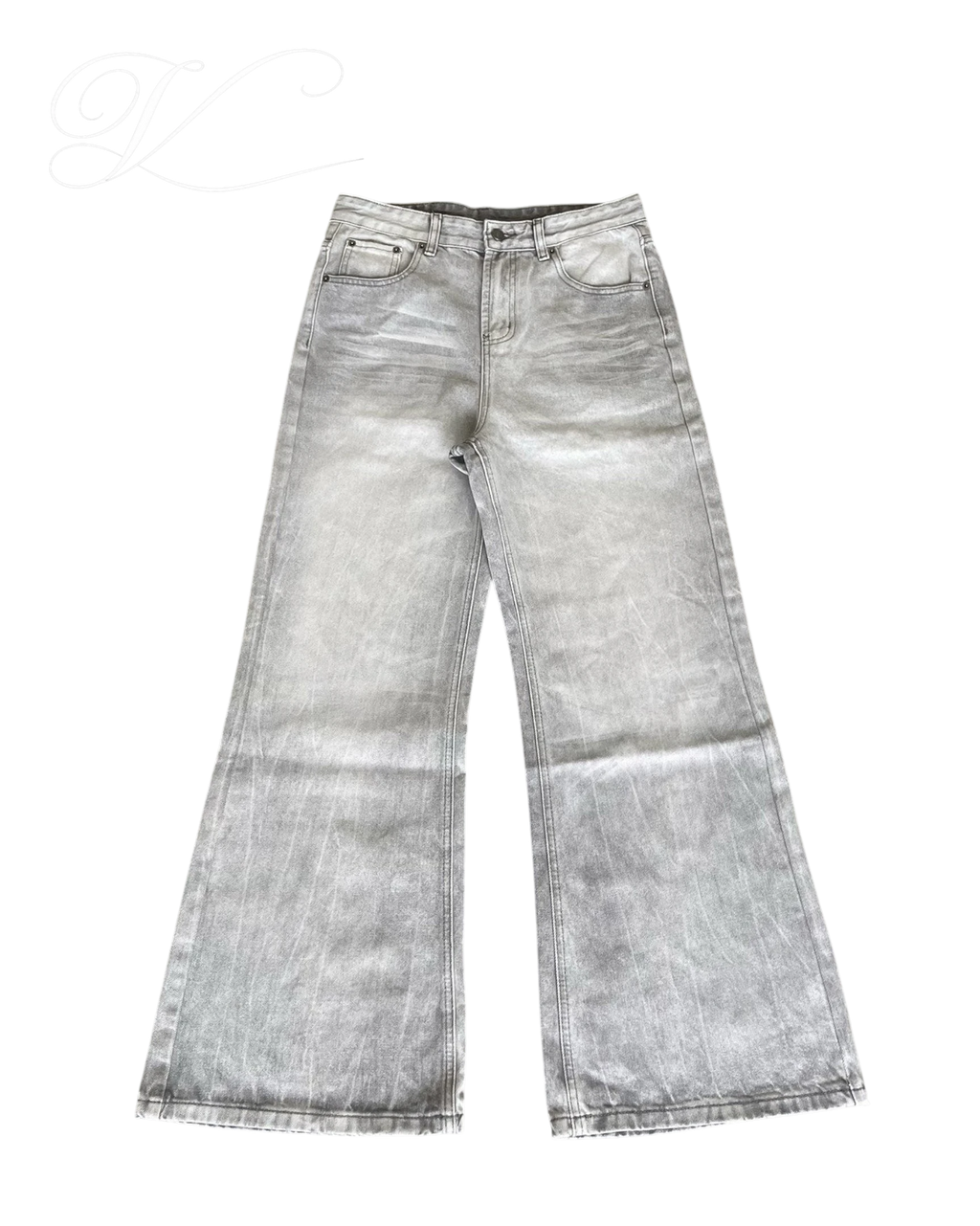 Vicious washed distressed wide-leg jeans in vintage white and gray with cat whisker detailing