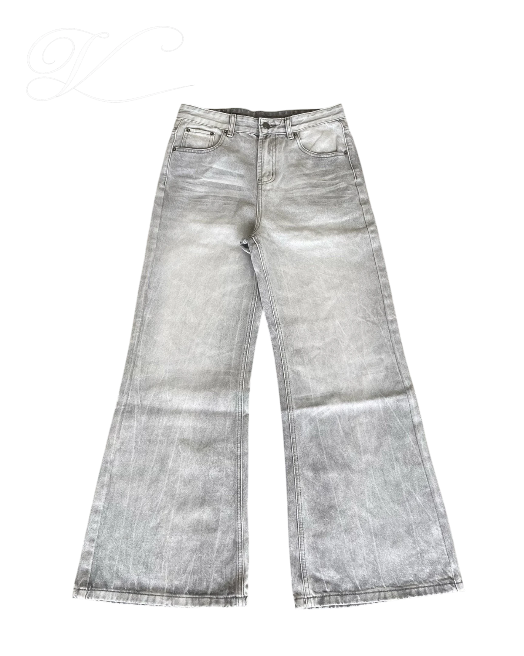 Vicious washed distressed wide-leg jeans in vintage white and gray with cat whisker detailing