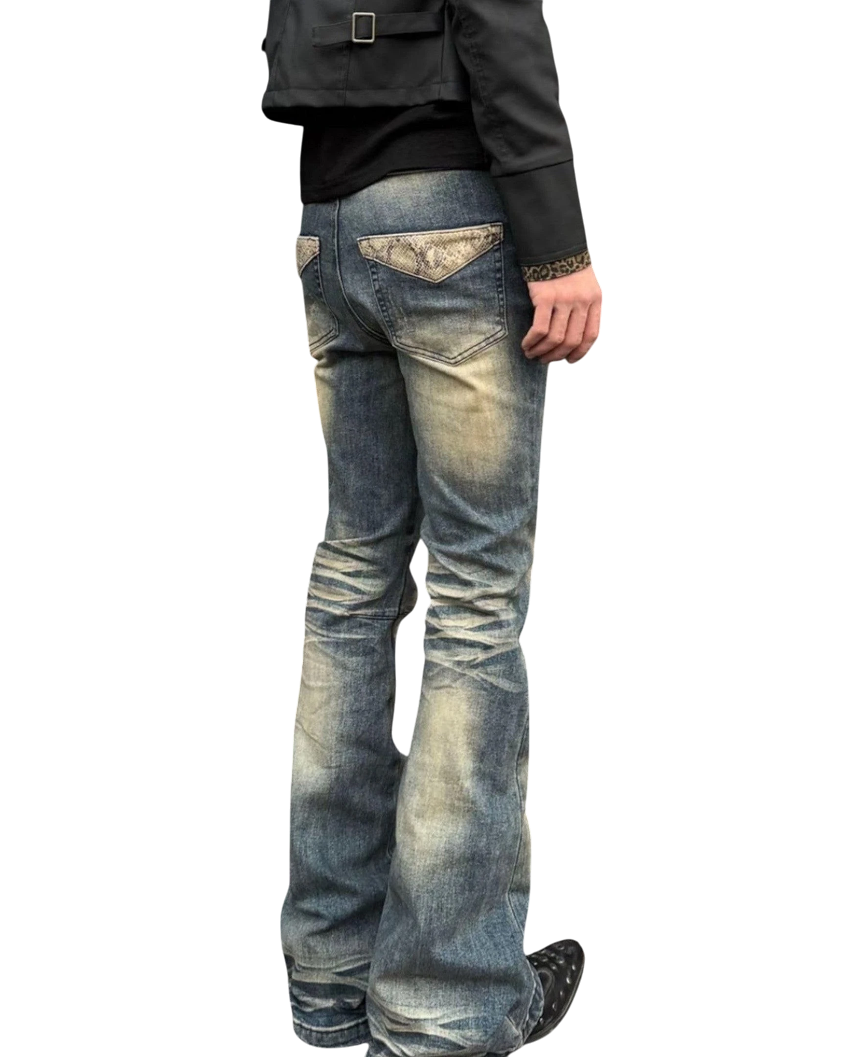 Vicious Faded Flare Denim jeans with heavy wash, whisker effects, and snake print back pocket details.