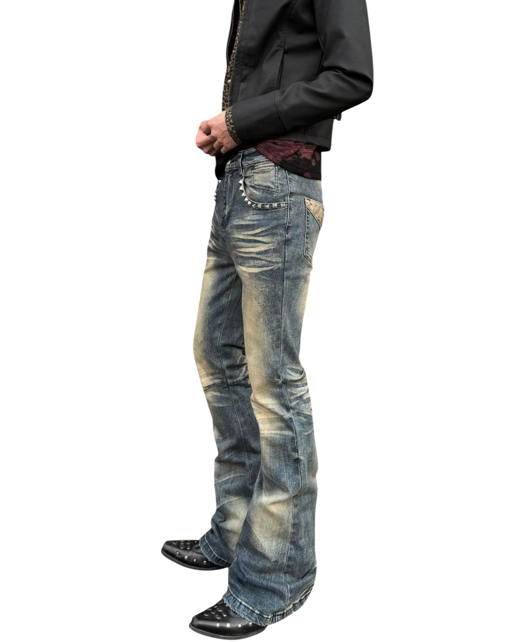 Vicious Faded Flare Denim jeans featuring a heavy fade wash, whisker effects, and snake-print back pocket details.