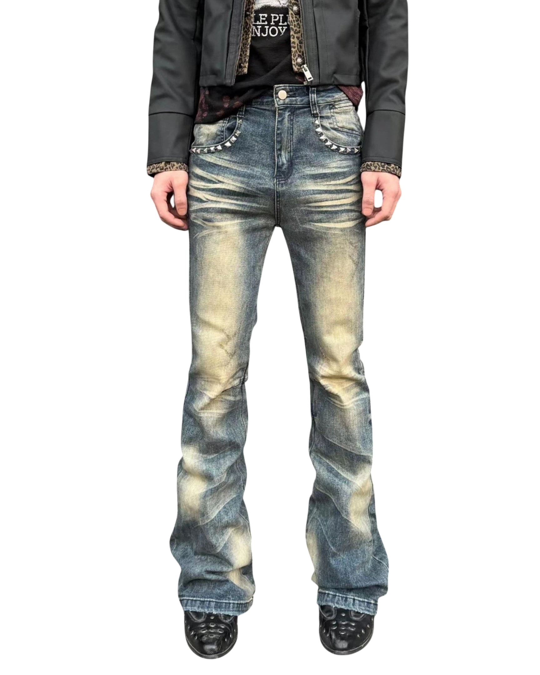 Vicious Faded Flare Denim jeans with a high-rise fit, heavy-fade wash, whisker effects, and front pocket rivets.