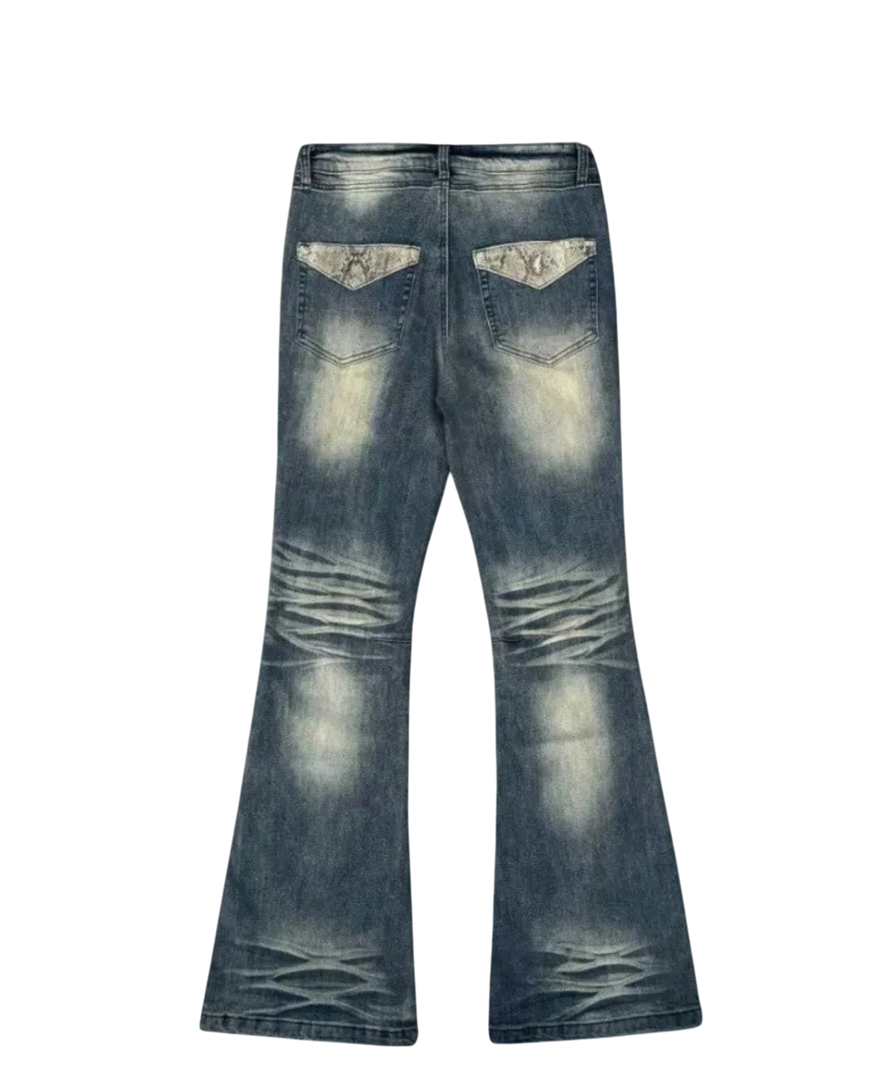 Vicious Faded Flare Denim jeans with heavy fade wash, whisker effects, and snake print details on back pockets.