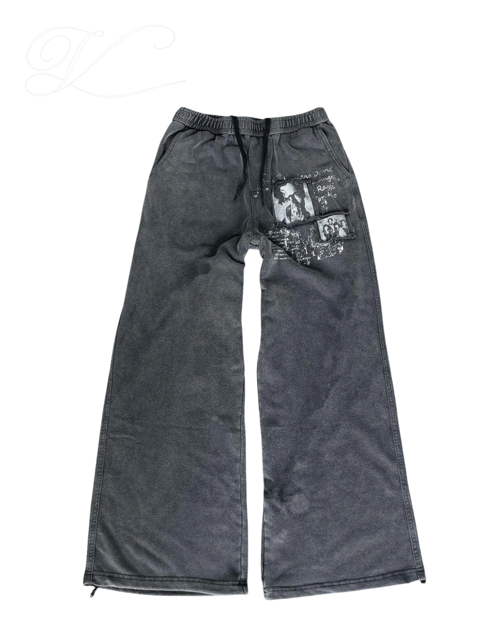 Vicious faded grey wide leg joggers in cotton blend with elastic drawstring waist and graphic back pocket print