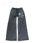 Vicious faded grey wide leg joggers in cotton blend with elastic drawstring waist and graphic back pocket print