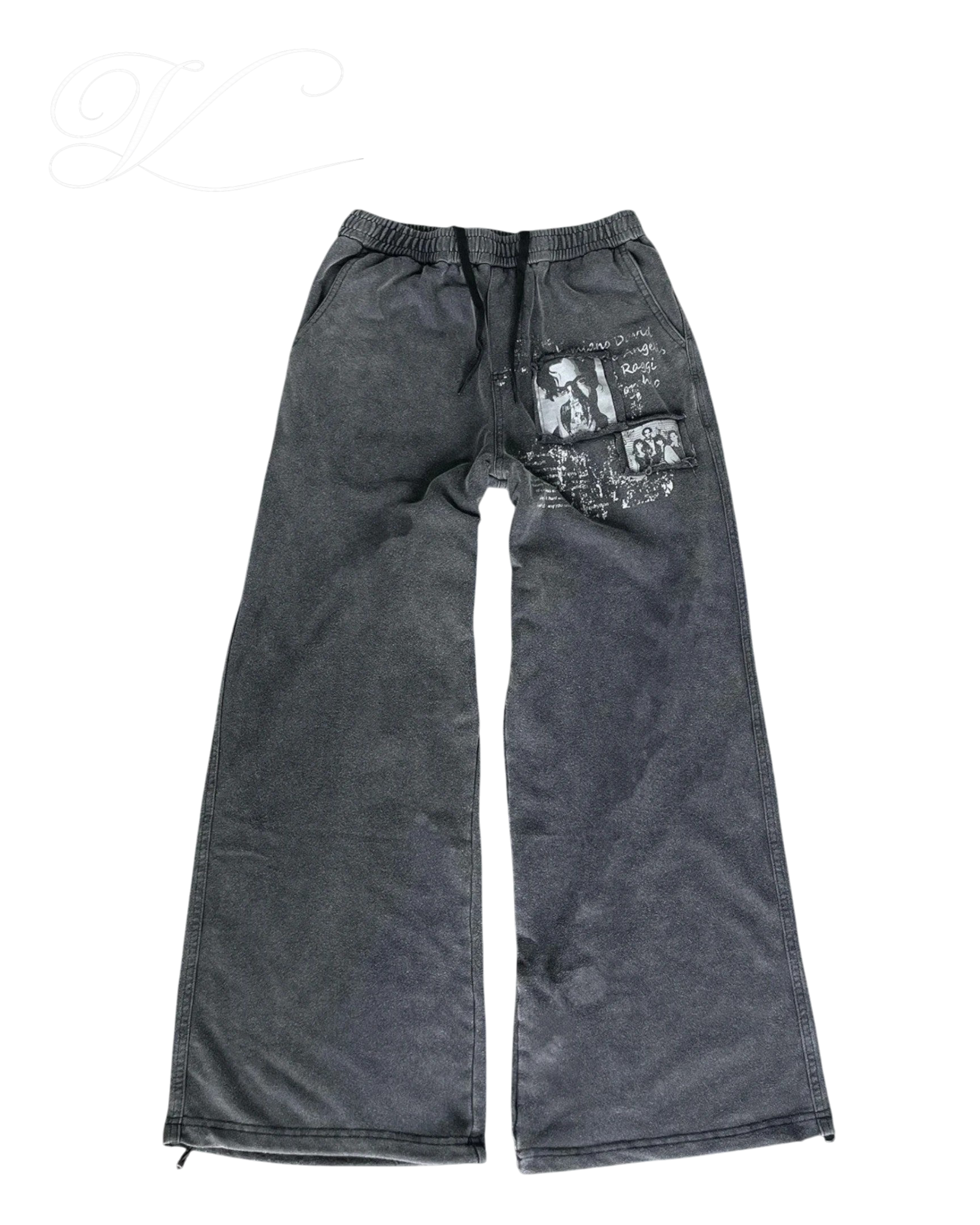 Vicious faded grey wide leg joggers in cotton blend with elastic drawstring waist and graphic back pocket print