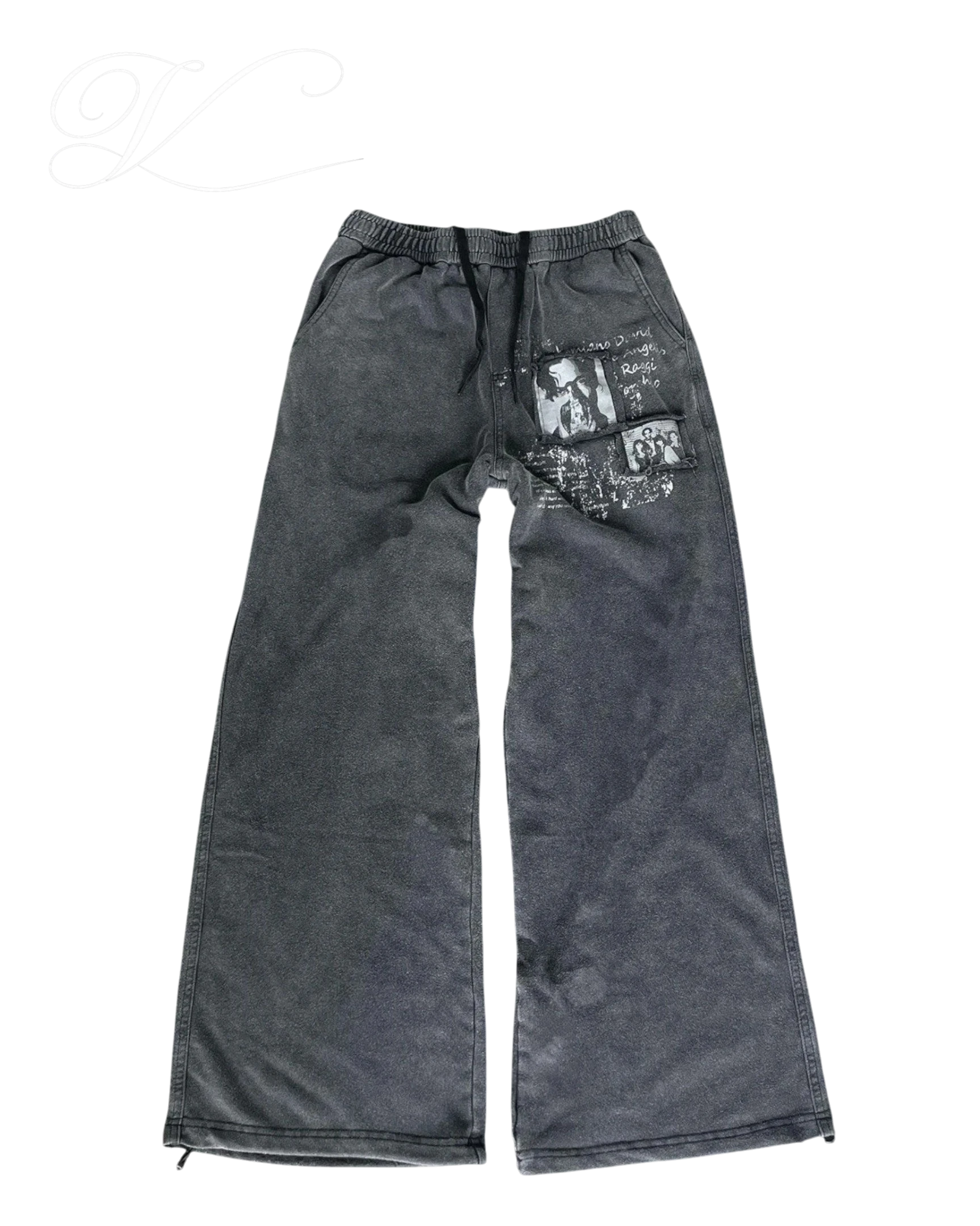 Vicious faded grey wide leg joggers in cotton blend with elastic drawstring waist and graphic back pocket print