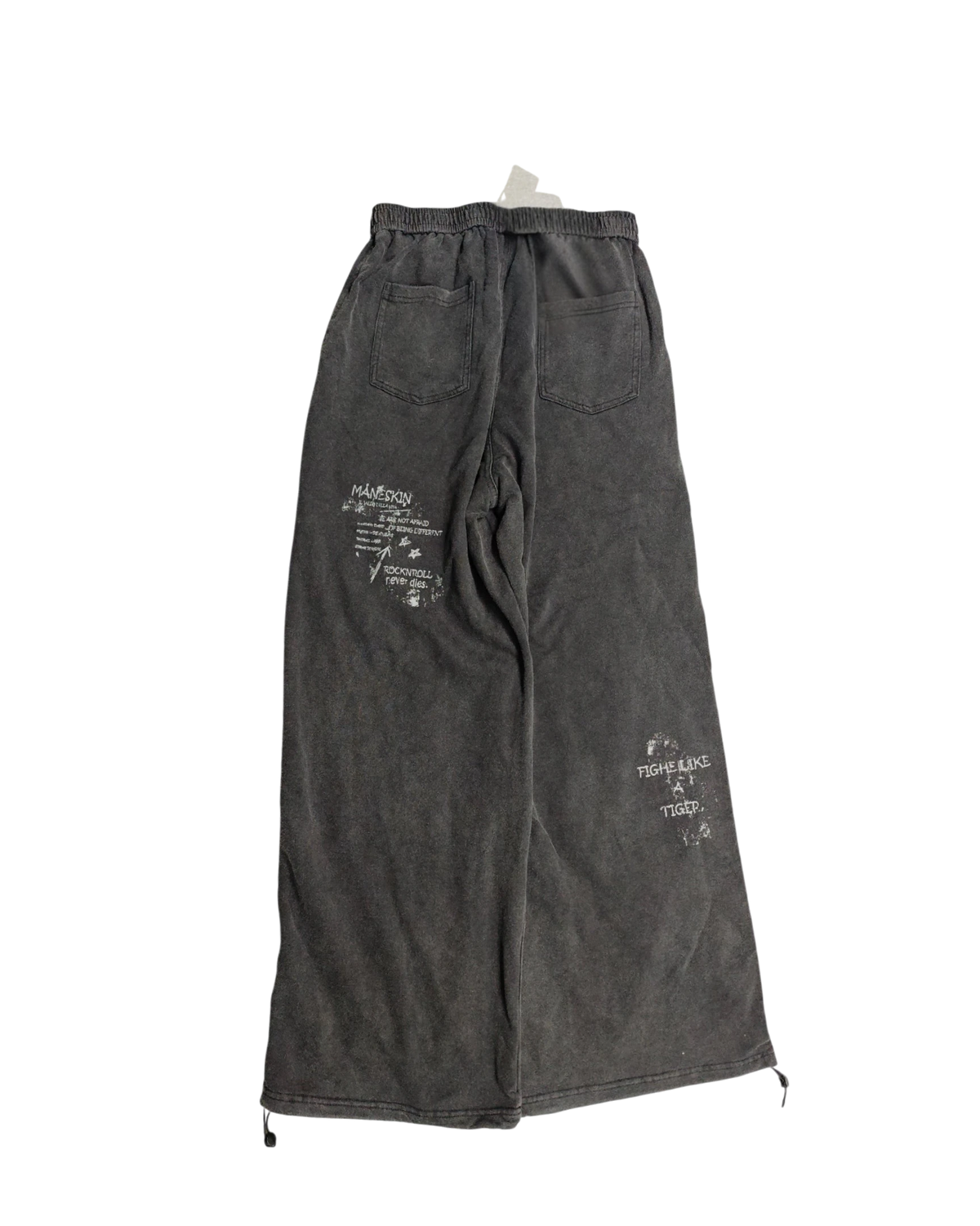 Vicious faded grey wide leg joggers with distressed vintage wash, back pocket prints, and adjustable leg openings.