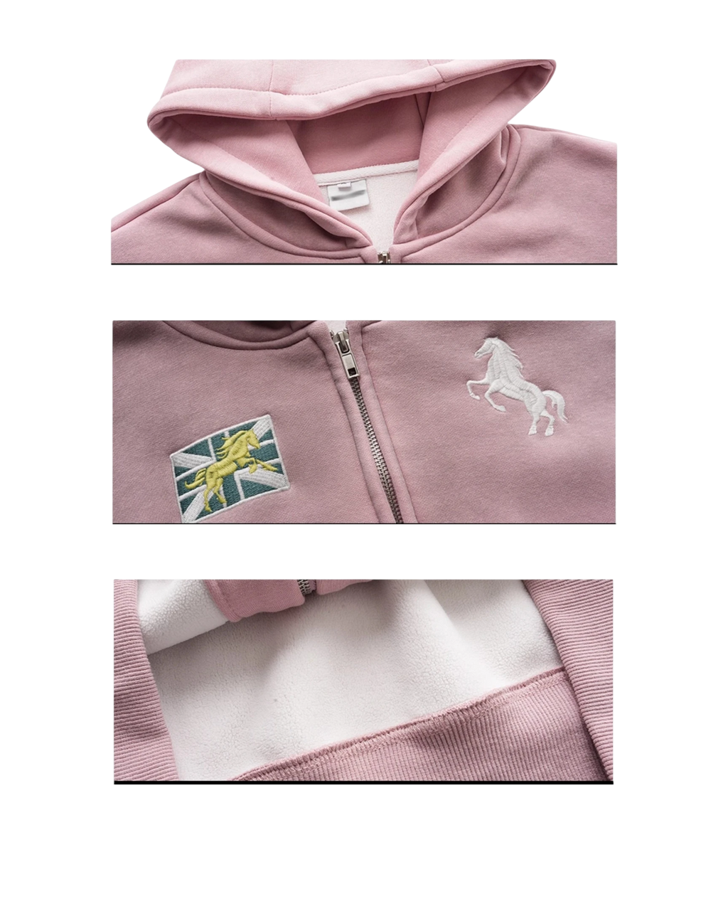 Vicious faded pink cropped hoodie with zip closure, embroidered horse emblem, and sleeve patch in a slim-fit style.