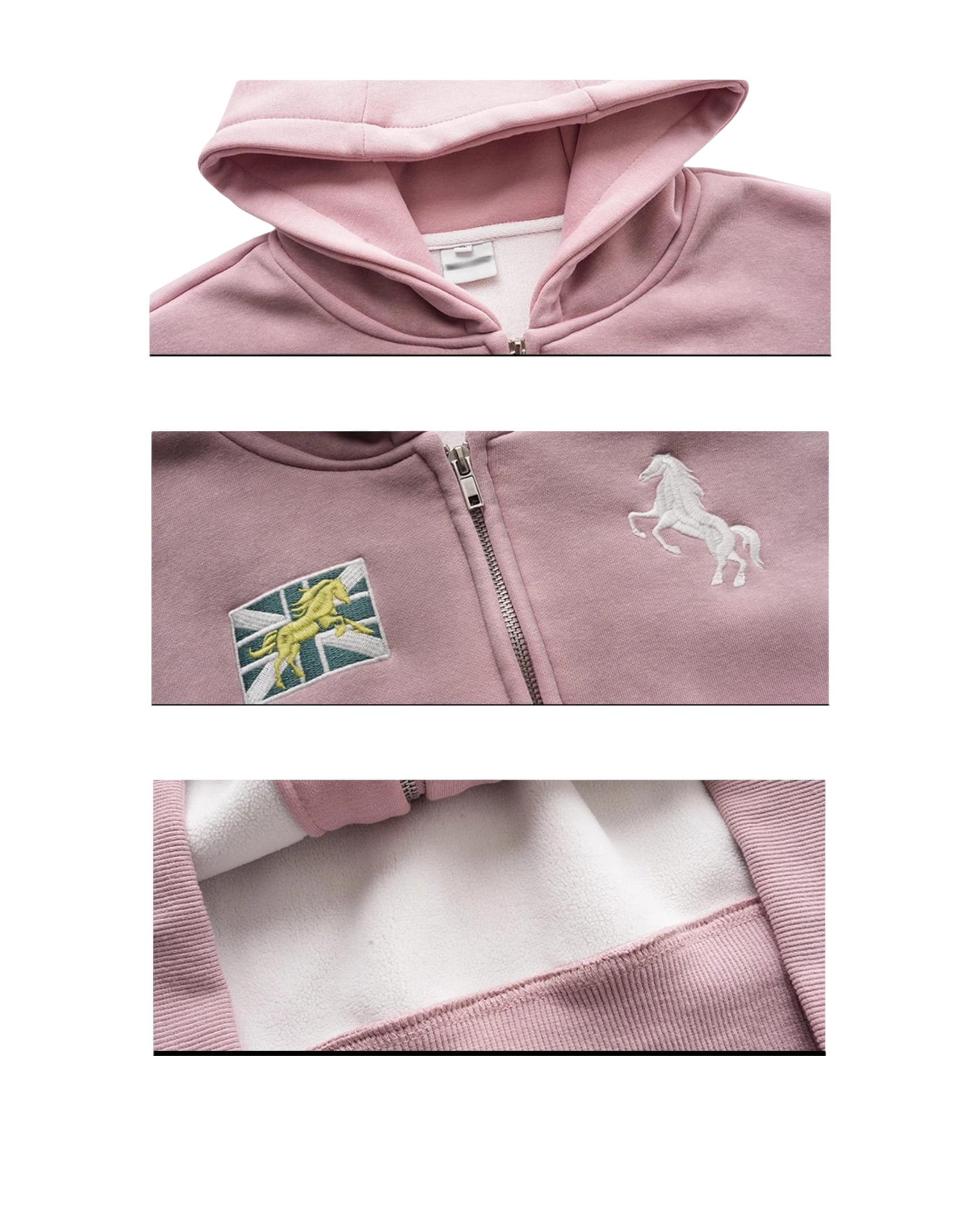 Vicious faded pink cropped hoodie with zip closure, embroidered horse emblem, and sleeve patch in a slim-fit style.