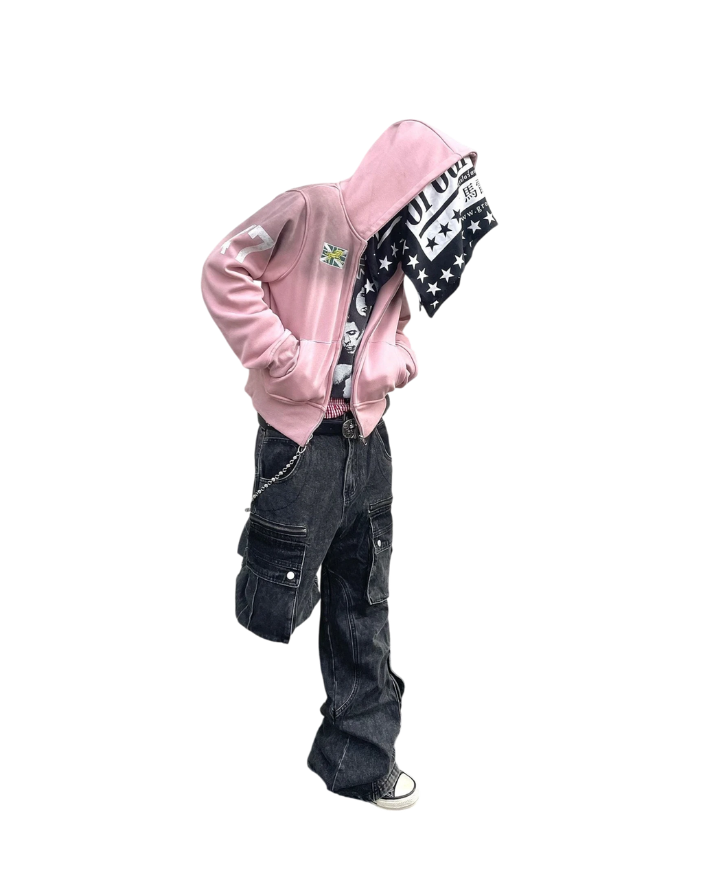Vicious faded pink slim-fit cropped hoodie with zipper, embroidered emblems, and side pockets on a model
