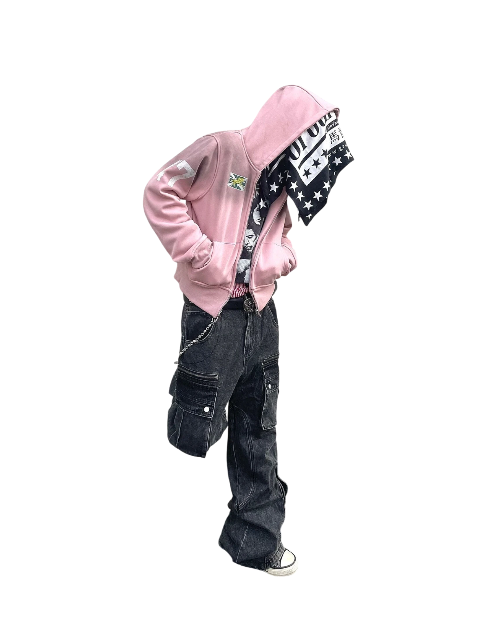 Vicious faded pink slim-fit cropped hoodie with zipper, embroidered emblems, and side pockets on a model