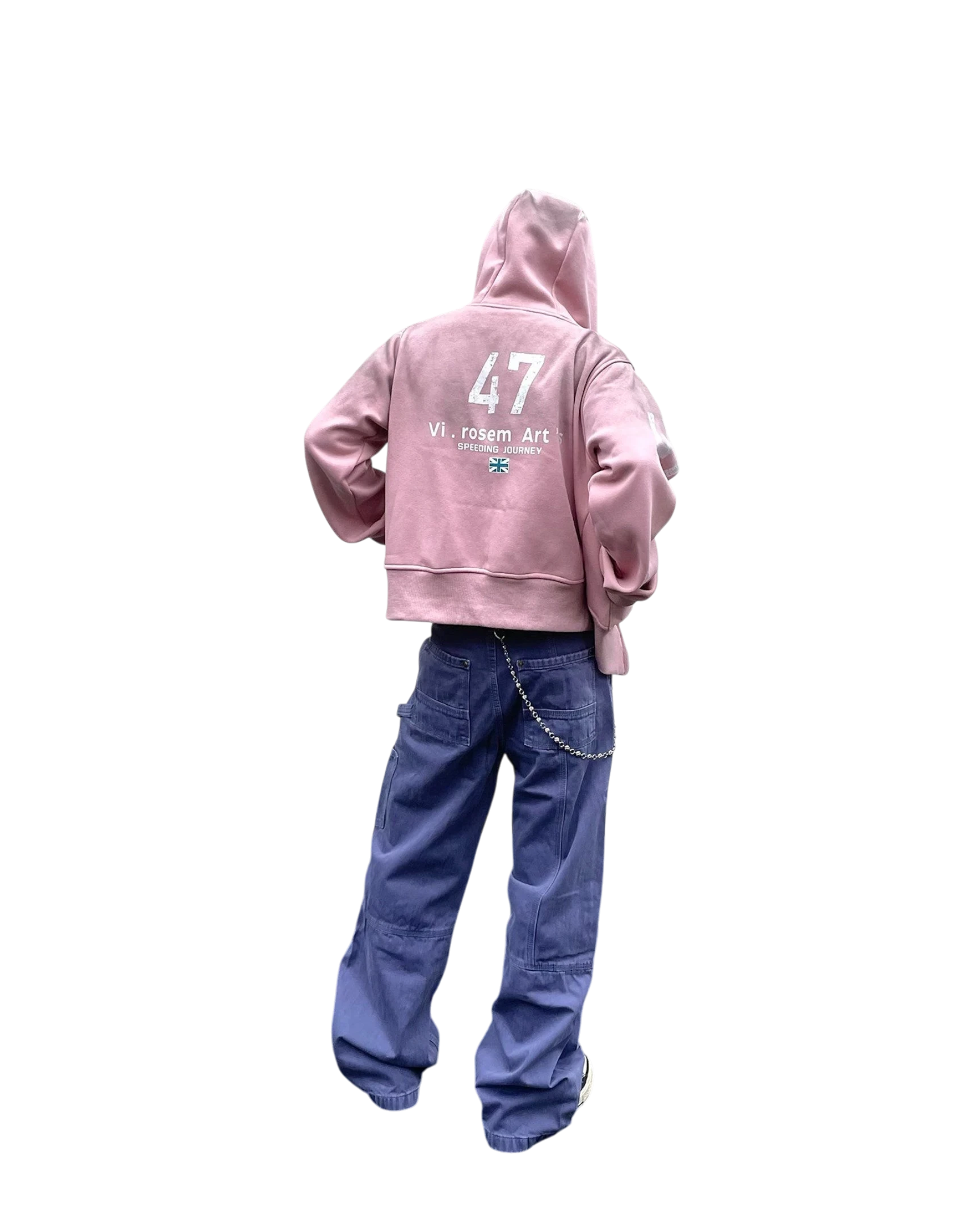 Vicious faded pink cropped hoodie with number 47 print and hood, worn by a model in blue baggy pants