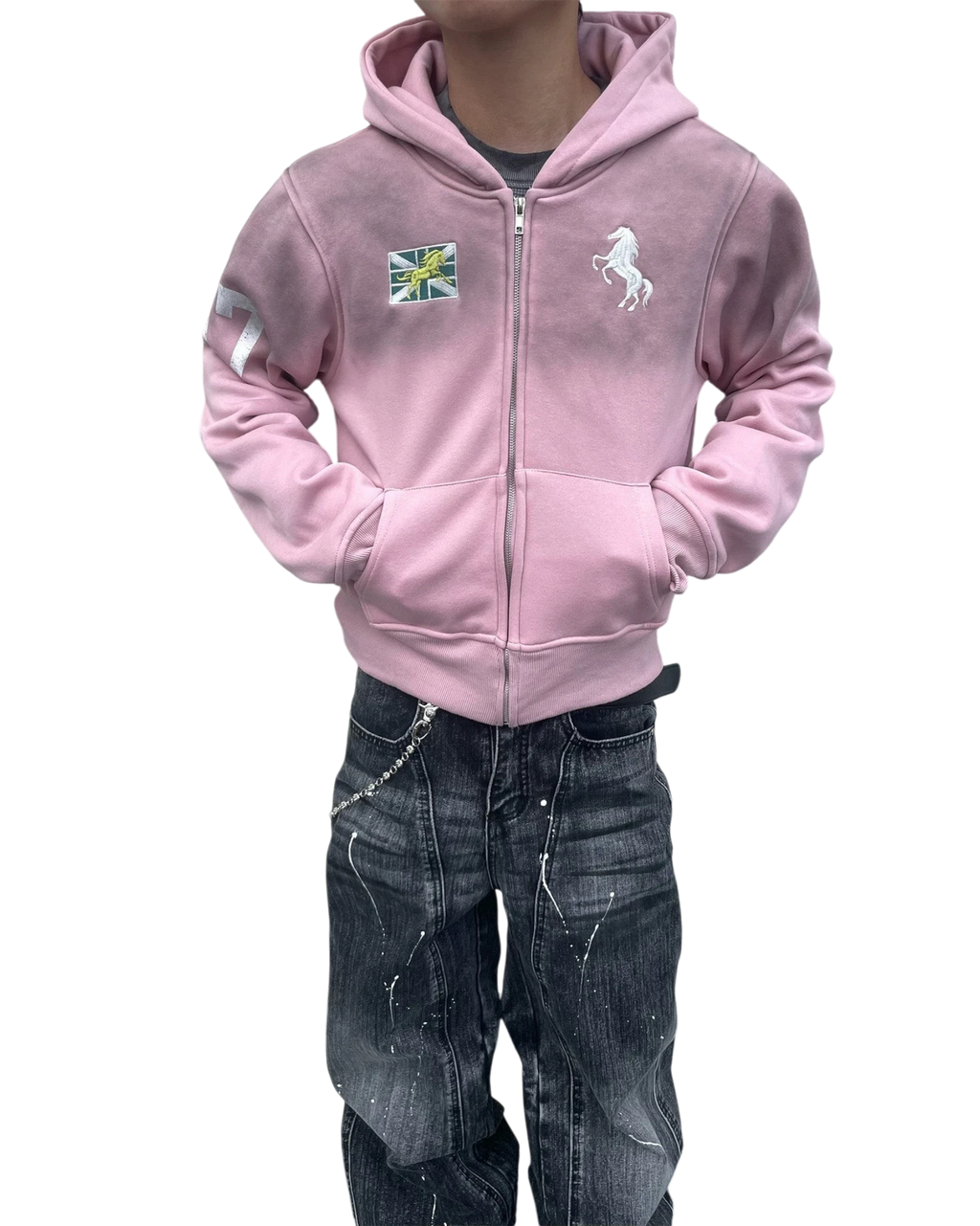 Vicious faded pink slim-fit cropped zip-up hoodie with embroidered emblems and side pockets on a person
