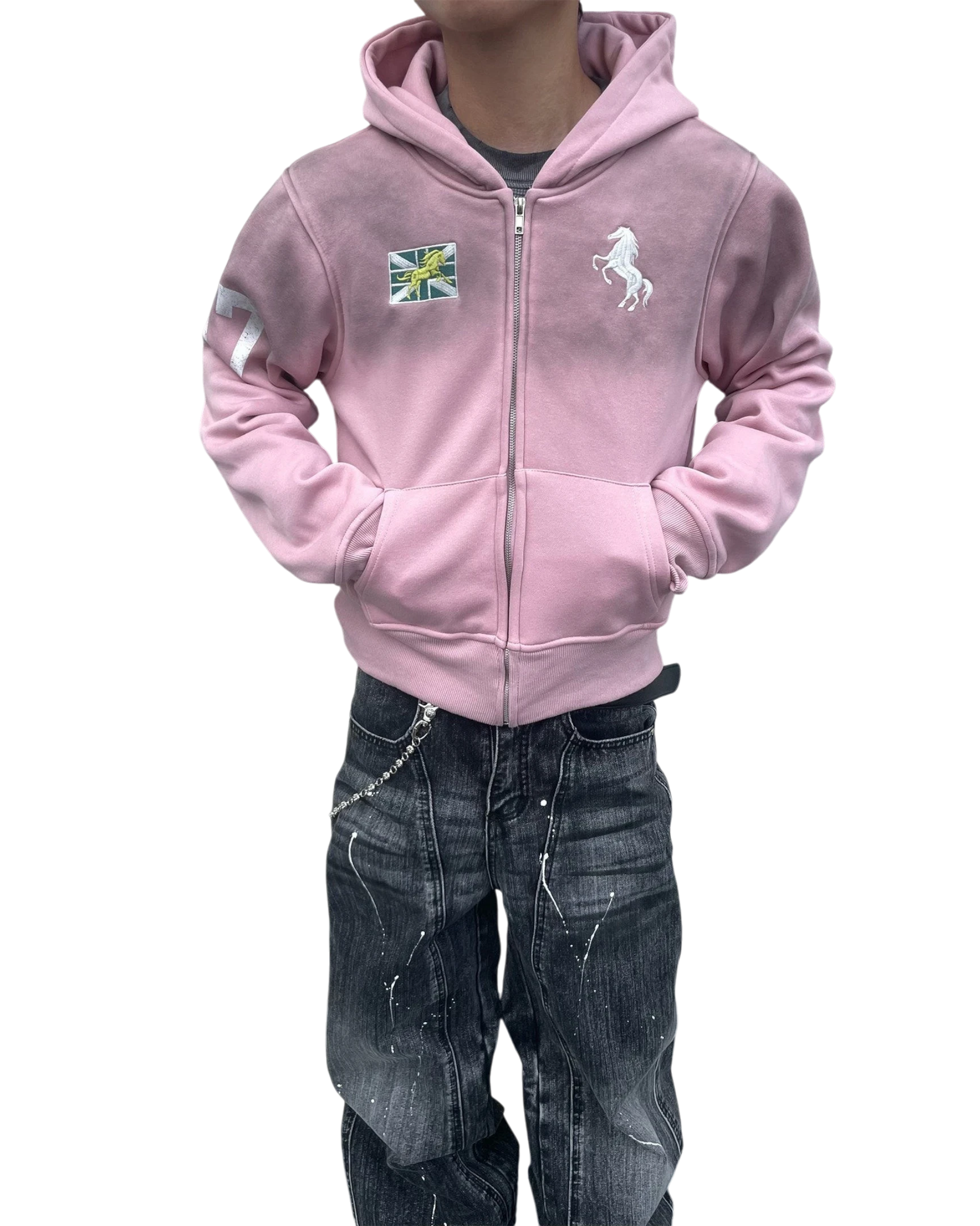 Vicious faded pink slim-fit cropped zip-up hoodie with embroidered emblems and side pockets on a person