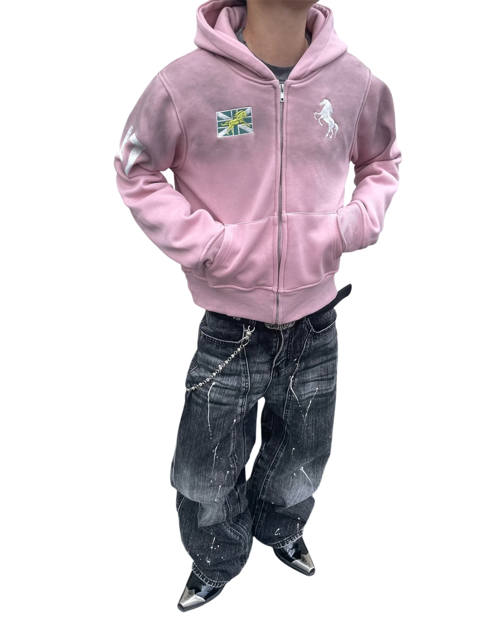Vicious faded pink cropped zip-up hoodie with embroidered emblems and side pockets worn with distressed black jeans