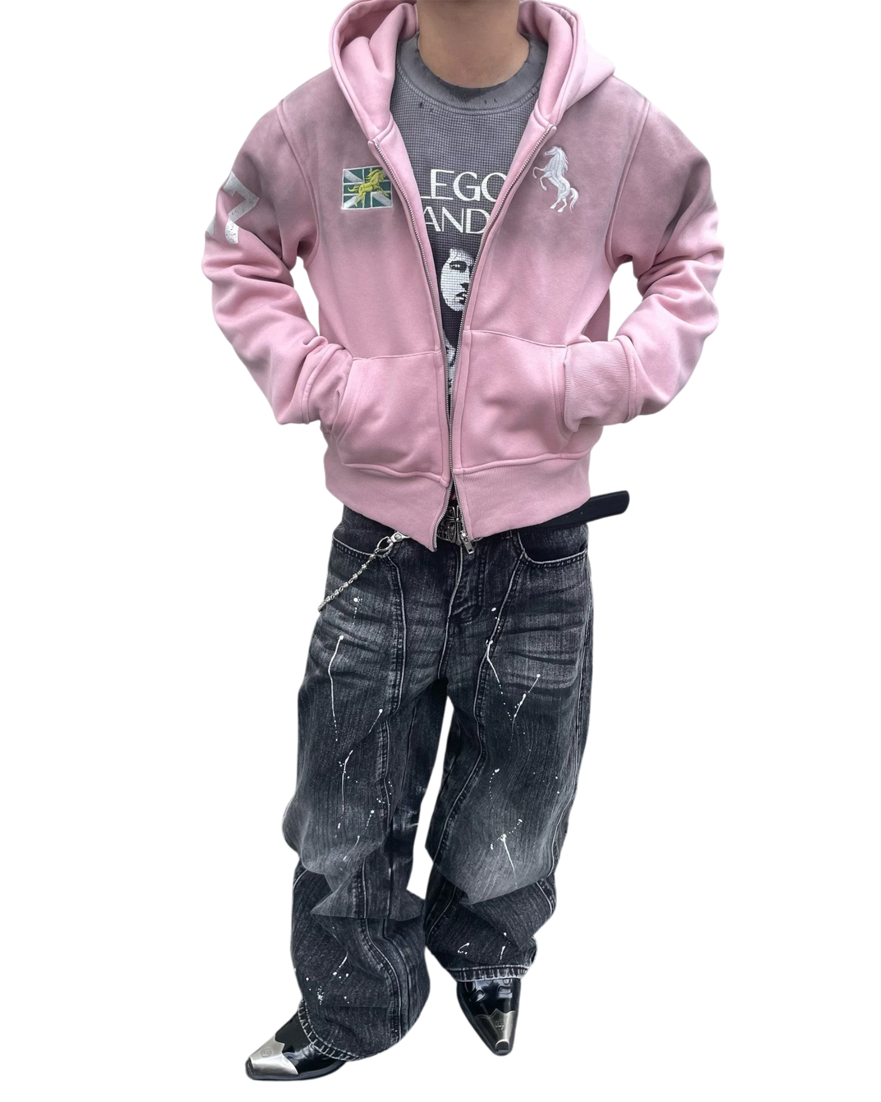 Vicious faded pink cropped zip-up hoodie with embroidered patches and side pockets worn by a model