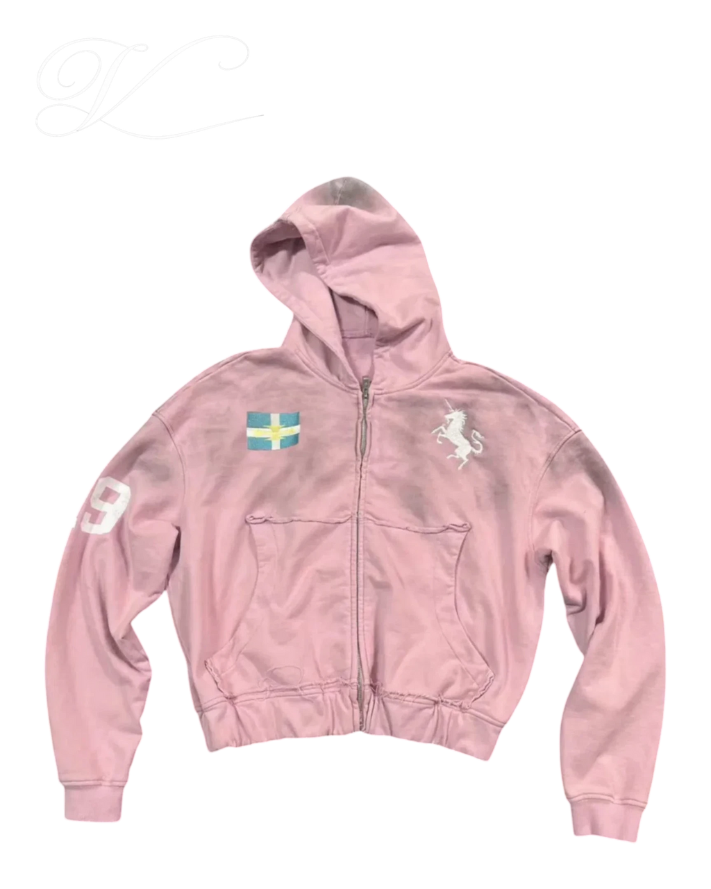 Vicious faded pink cropped zip-up hoodie with Sweden flag patch, unicorn embroidery, and distressed vintage finish.