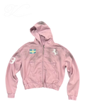 Vicious faded pink cropped zip-up hoodie with Sweden flag patch, unicorn embroidery, and distressed vintage finish.