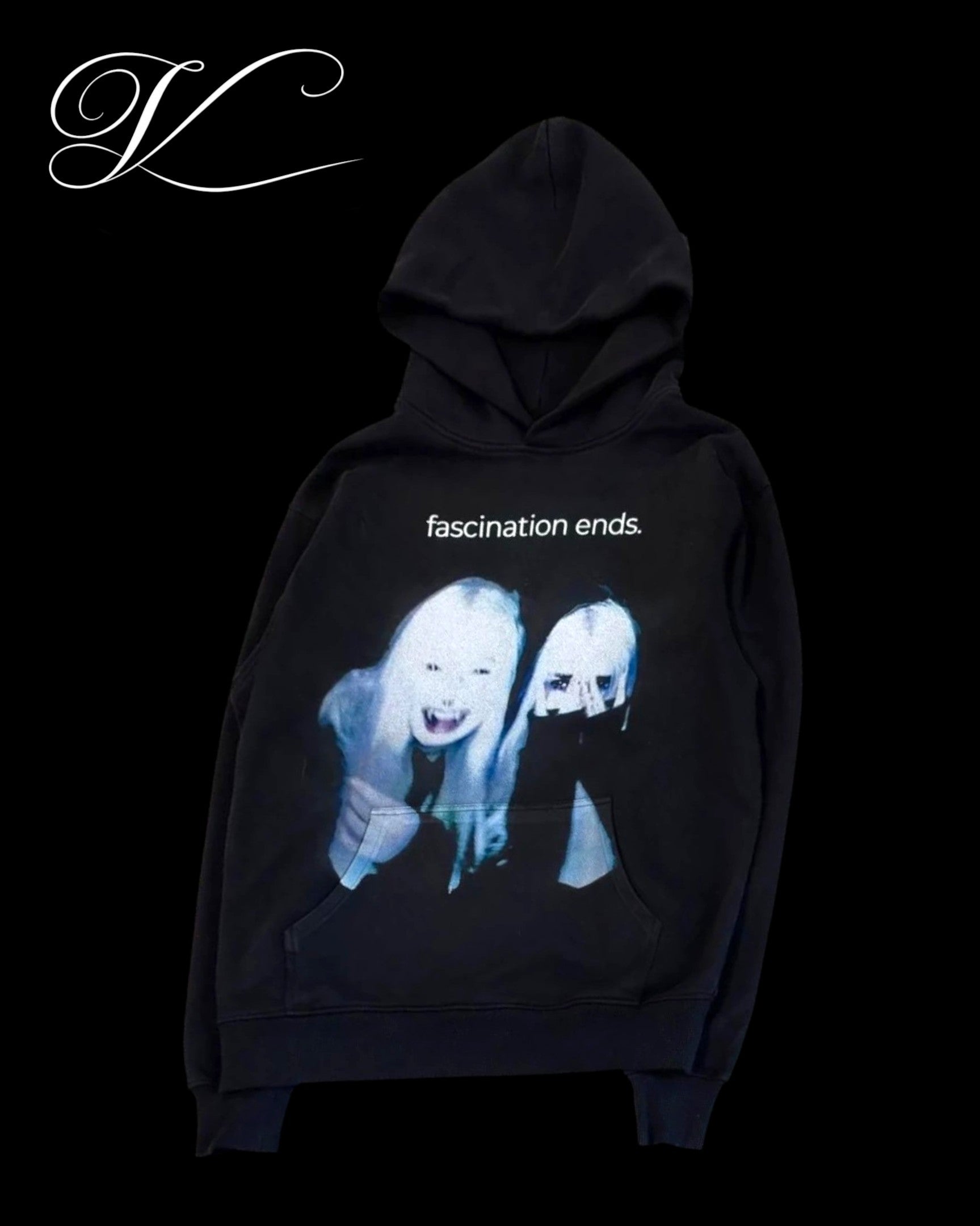 Vicious Fascination Ends oversized black cotton blend hoodie with a graphic print on the chest and a hood.