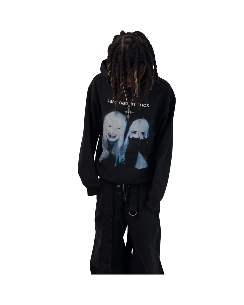 Vicious Fascination Ends oversized black cotton hoodie with graphic print on chest worn by a model with dreadlocks