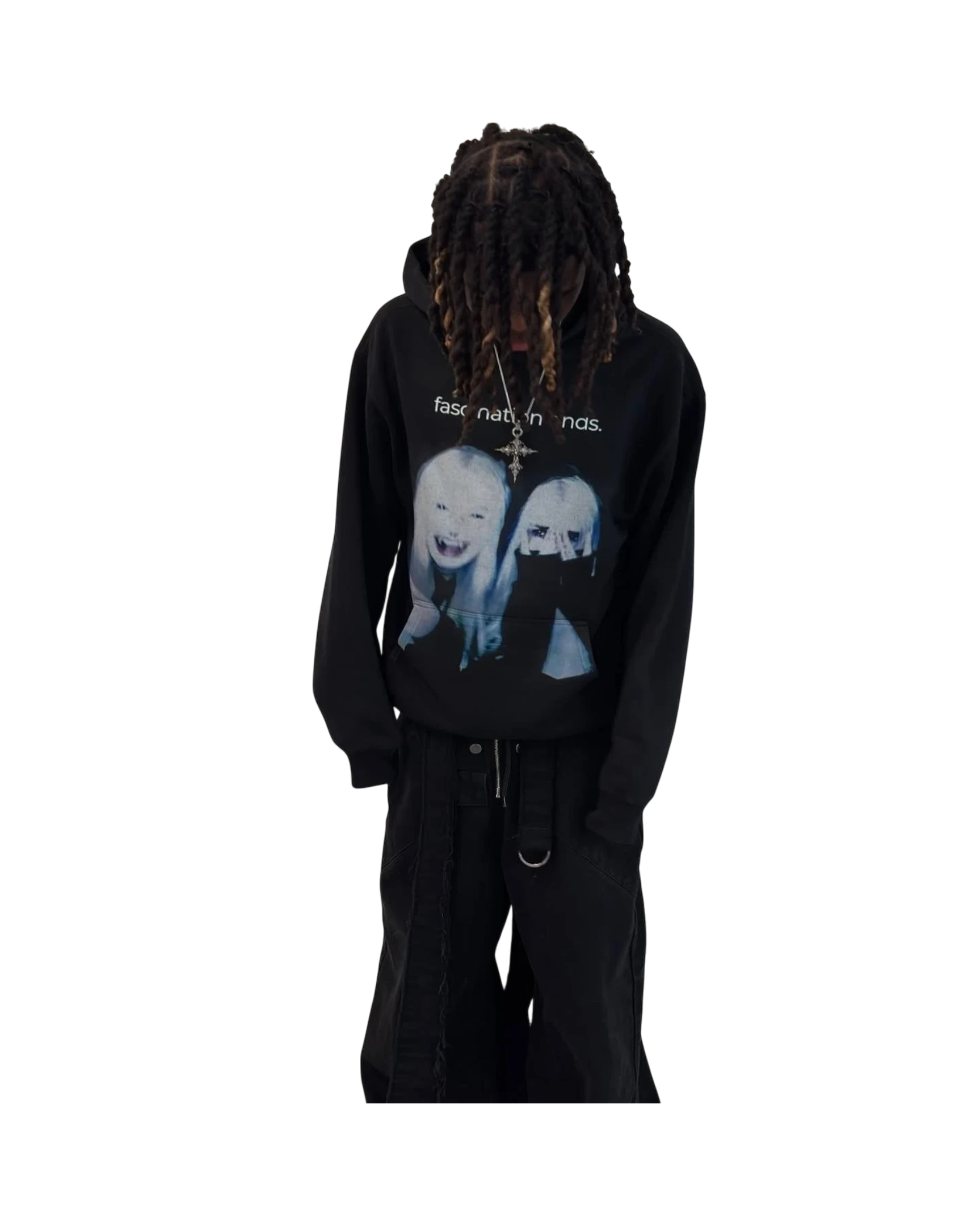 Vicious Fascination Ends oversized black cotton hoodie with graphic print on chest worn by a model with dreadlocks