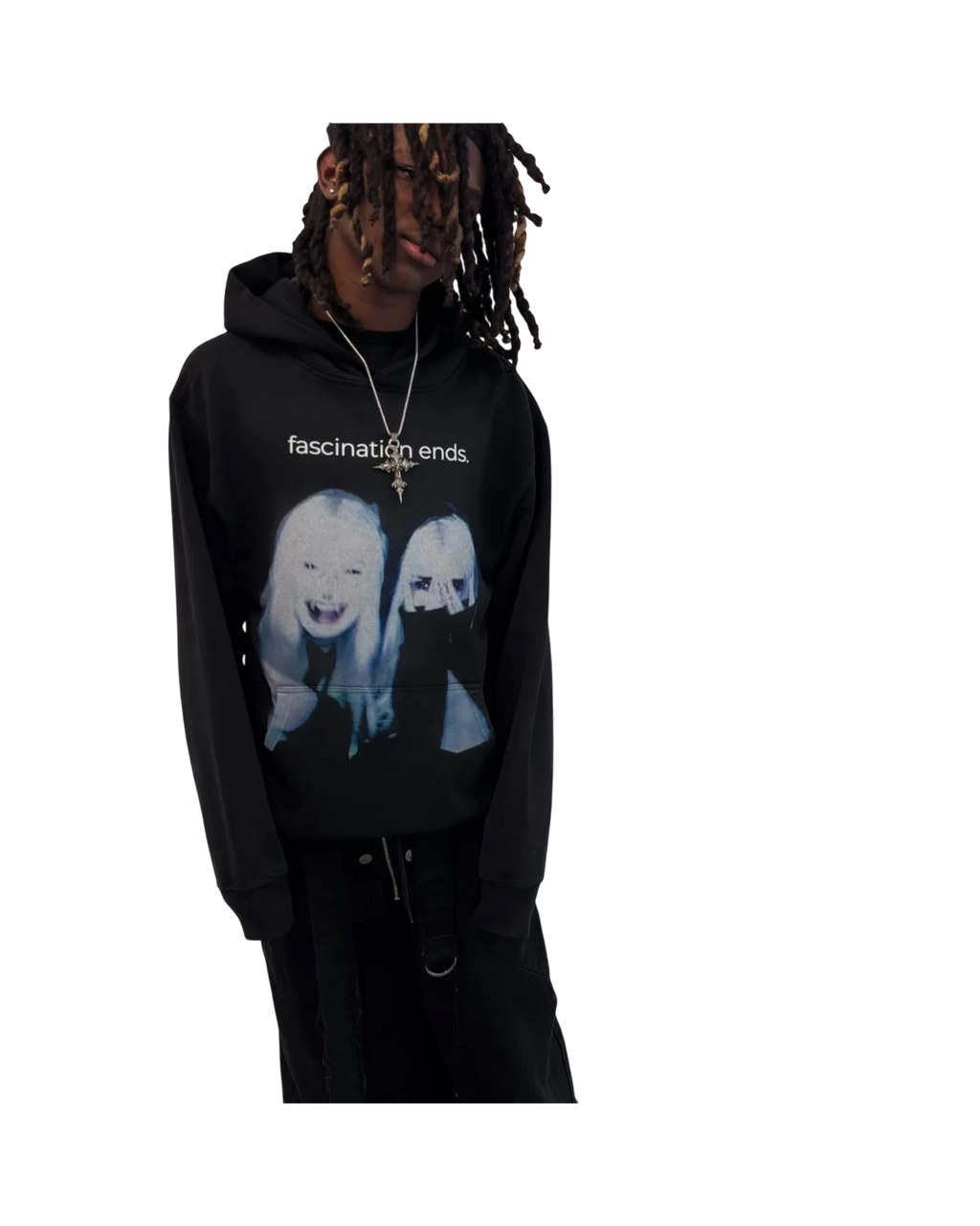 Vicious Fascination Ends black oversized cotton-blend hoodie with graphic print on chest worn by a model