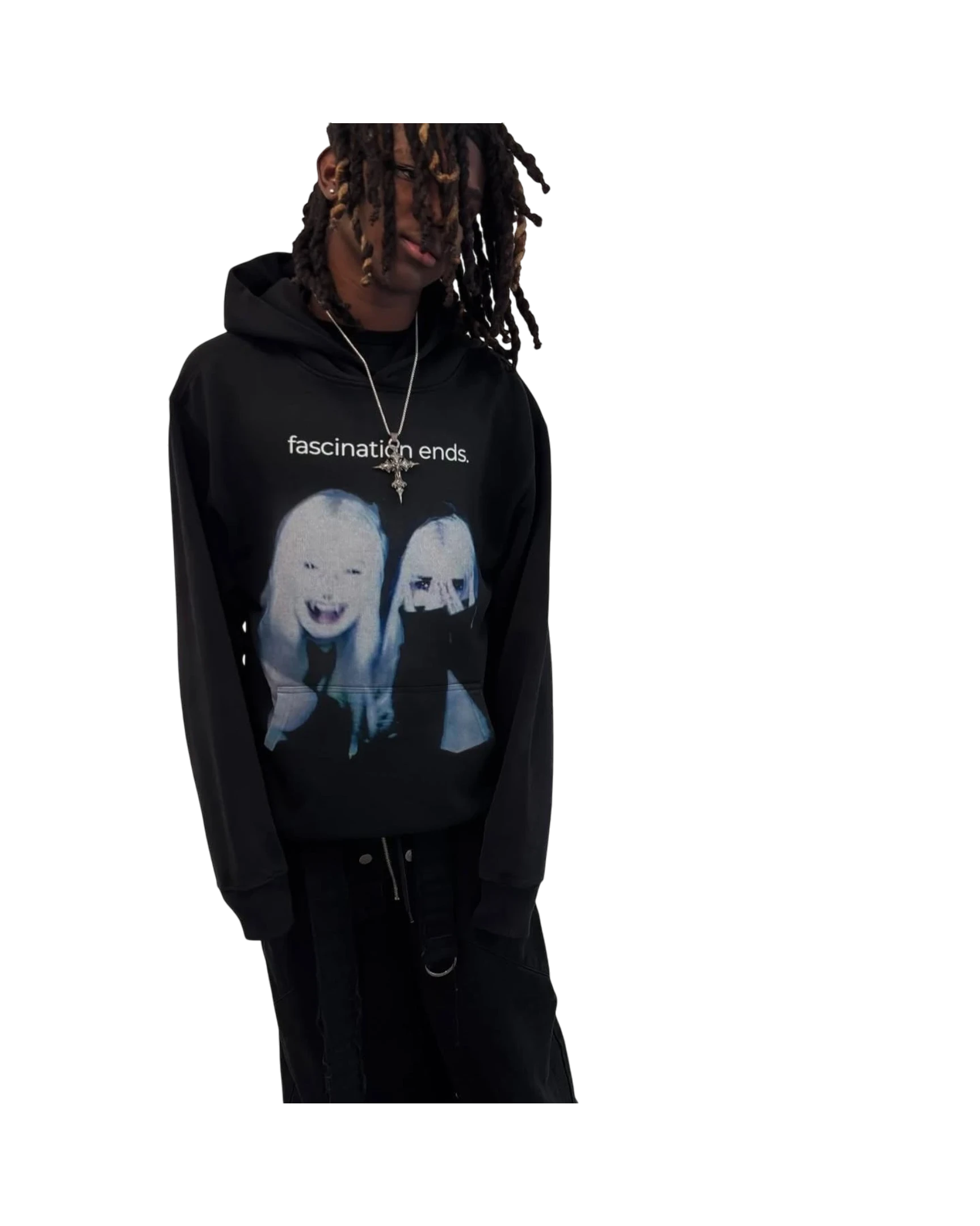 Vicious Fascination Ends black oversized cotton-blend hoodie with graphic print on chest worn by a model