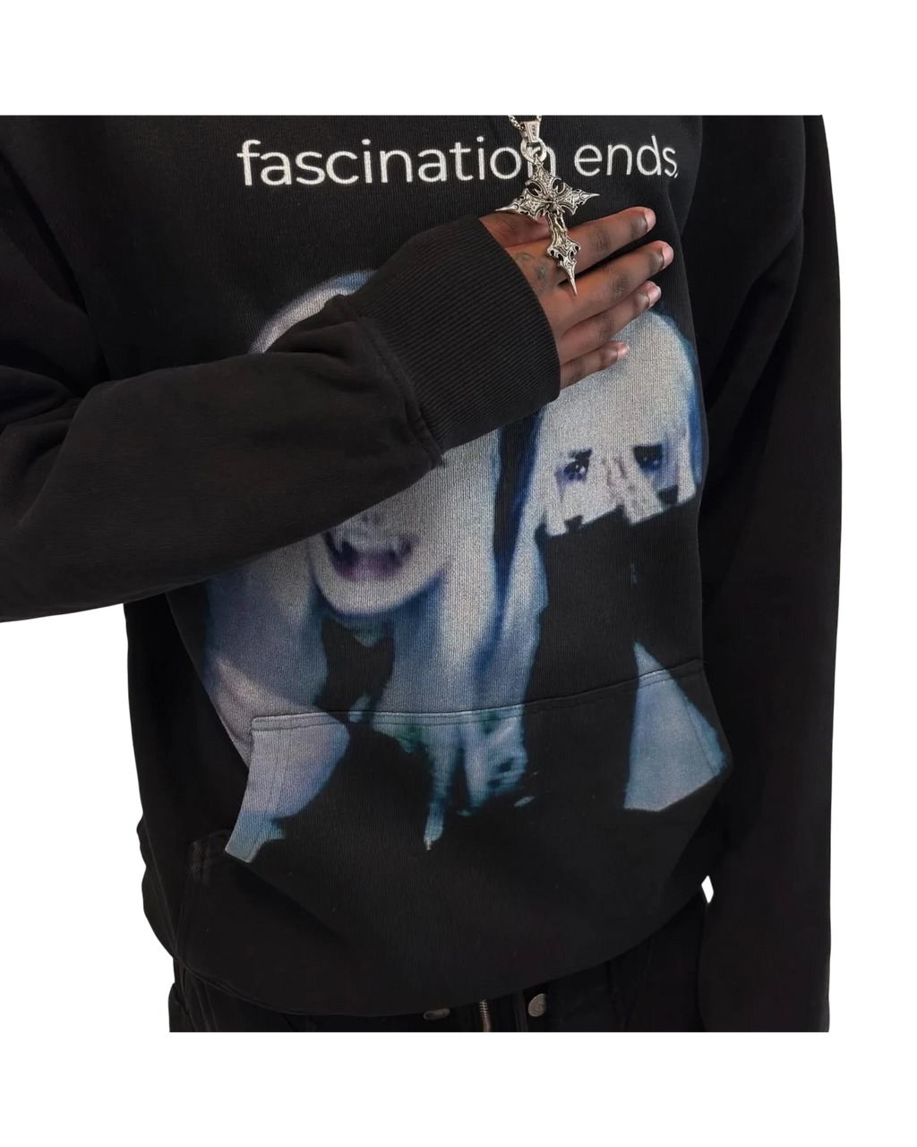 Vicious Fascination Ends black oversized cotton-blend hoodie featuring a graphic print and front kangaroo pocket