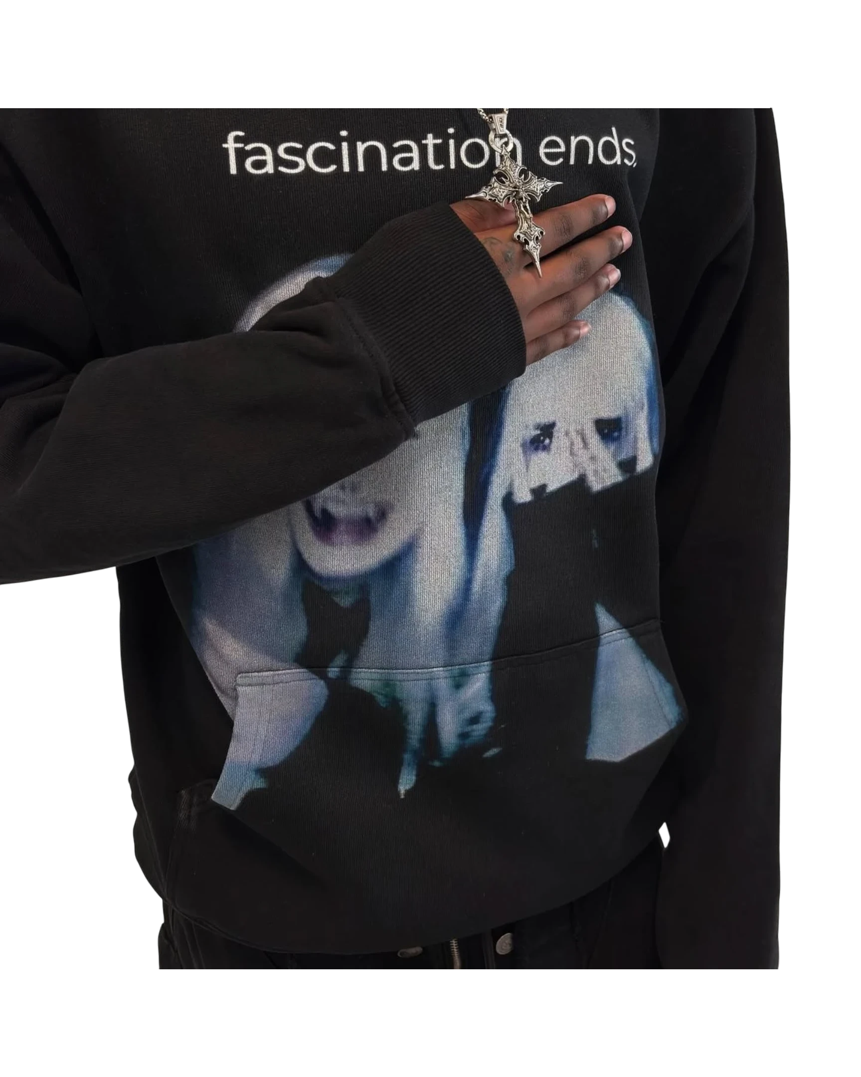 Vicious Fascination Ends black oversized cotton-blend hoodie featuring a graphic print and front kangaroo pocket