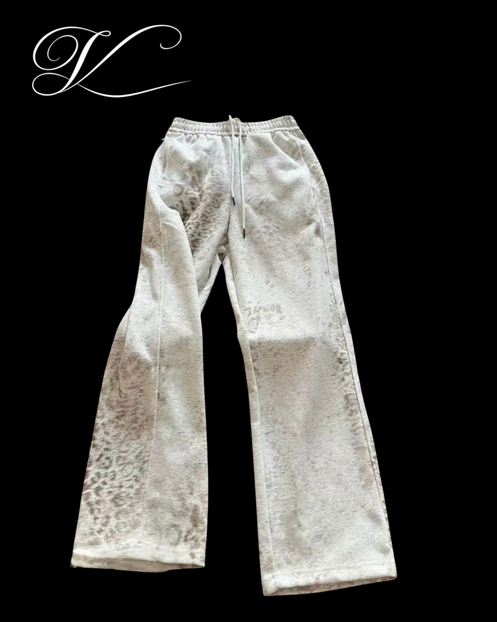 Vicious Frost Leopard sweatpants in grey and white cotton fleece with a flared leg, drawstring waist, and side pockets.